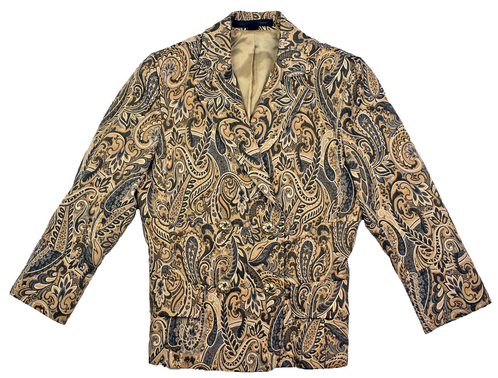 Vintage Express Design Studio Satin Brocade Jacket Blazer Gold Gray Paisley XS 0