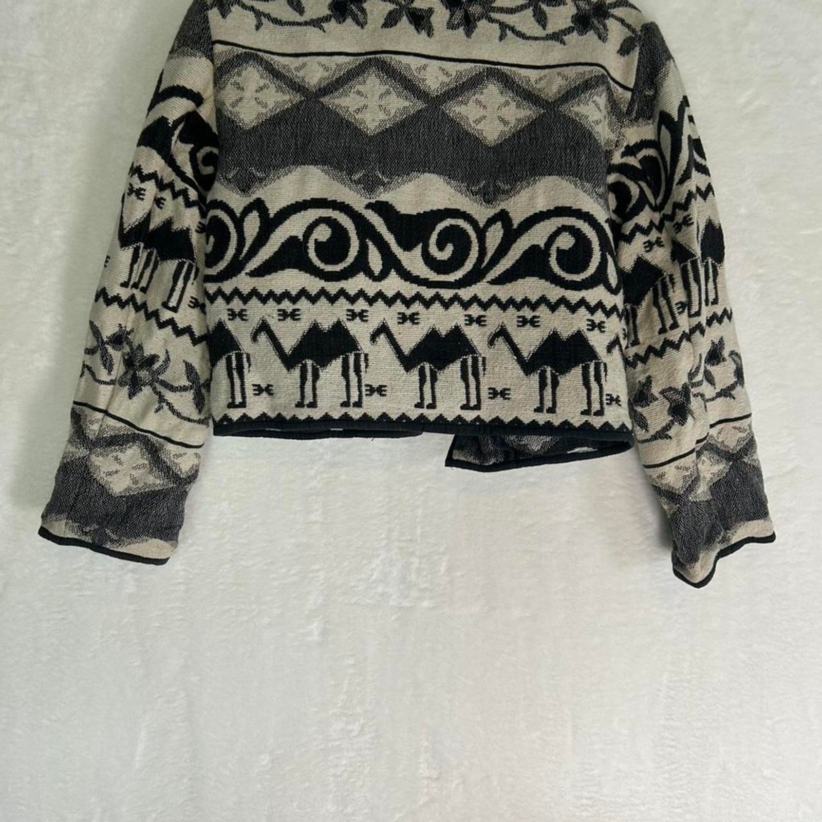 Flashback Vintage Cropped Tapestry Jacket Black Cream Camel Print Cotton Small
