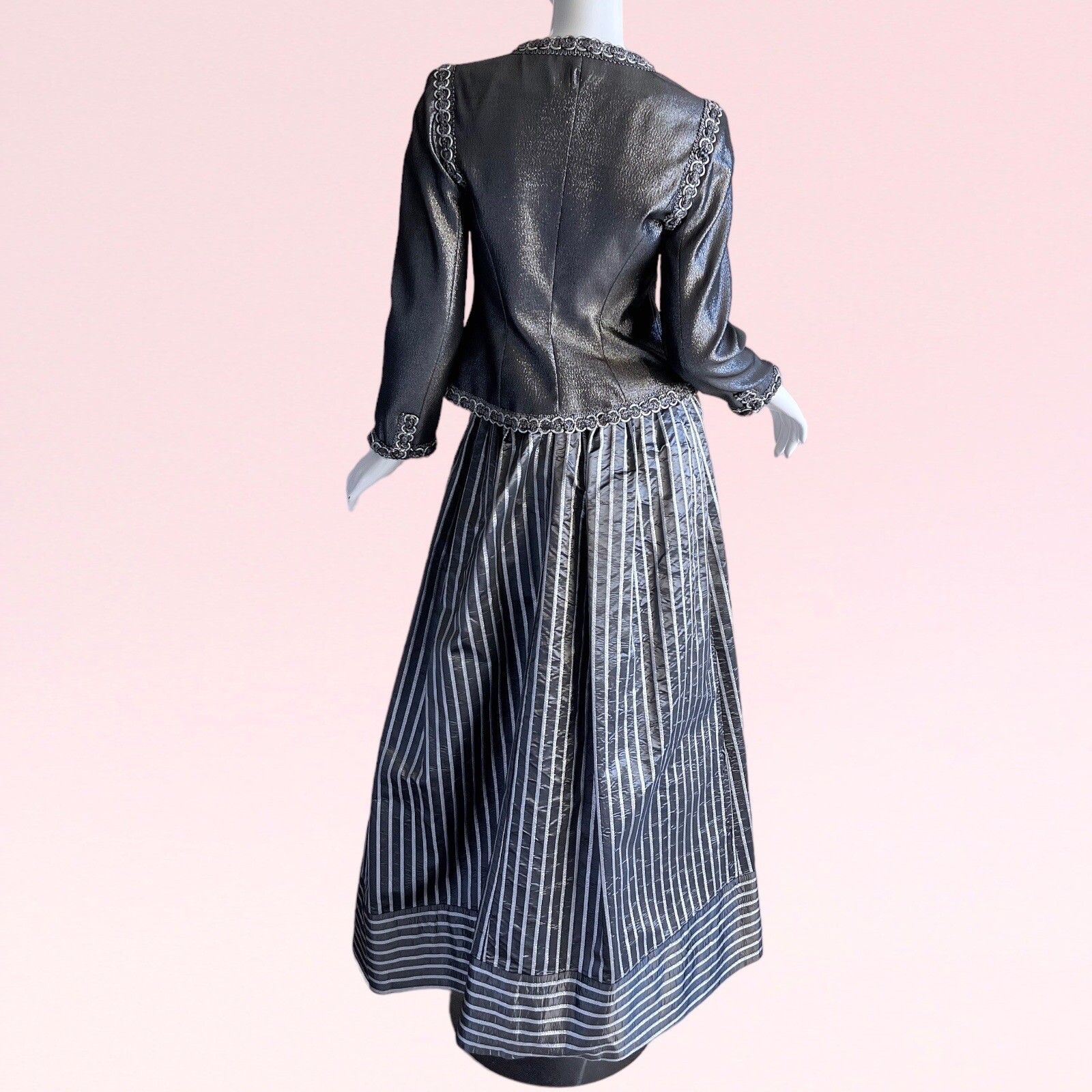 1990s Victor Costa Brocade Metallic Silver Rhinestone Taffeta Evening Gown Set