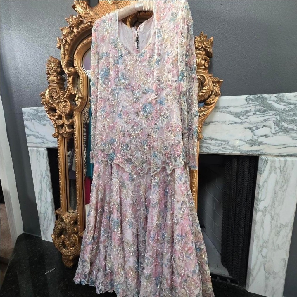 Judith Ann Creations Inc. Beaded Vintage Dress M Pink Blue Green Gold