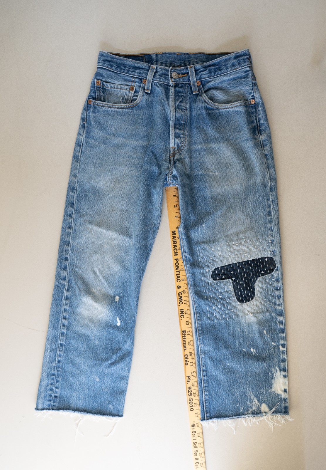 Levi’s 501 Jeans 28 Custom Cropped Sashiko Patched Paint Splatter Distressed