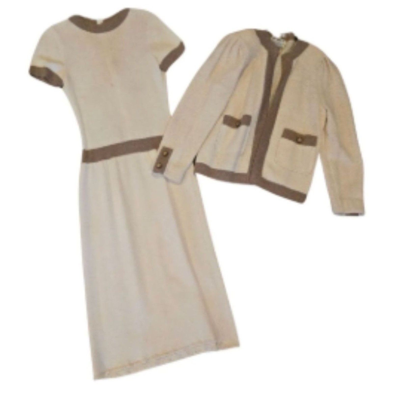 Vtg 1970s Pat Sandler Knit Set – dress & cardigan cream brown gold buttons S/M