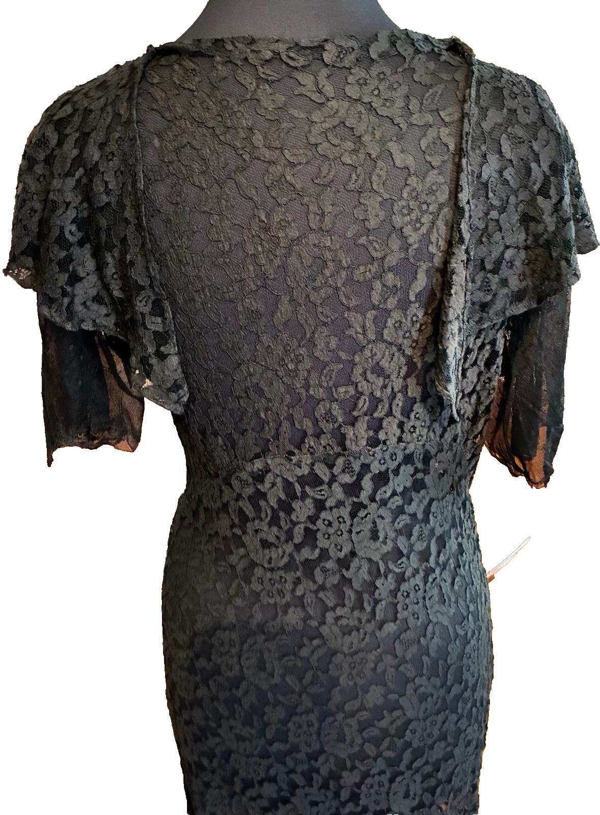 1920’S/30’S Black Art Deco Bias Cut Flutter Capelet Lace Evening Dress Small ￼