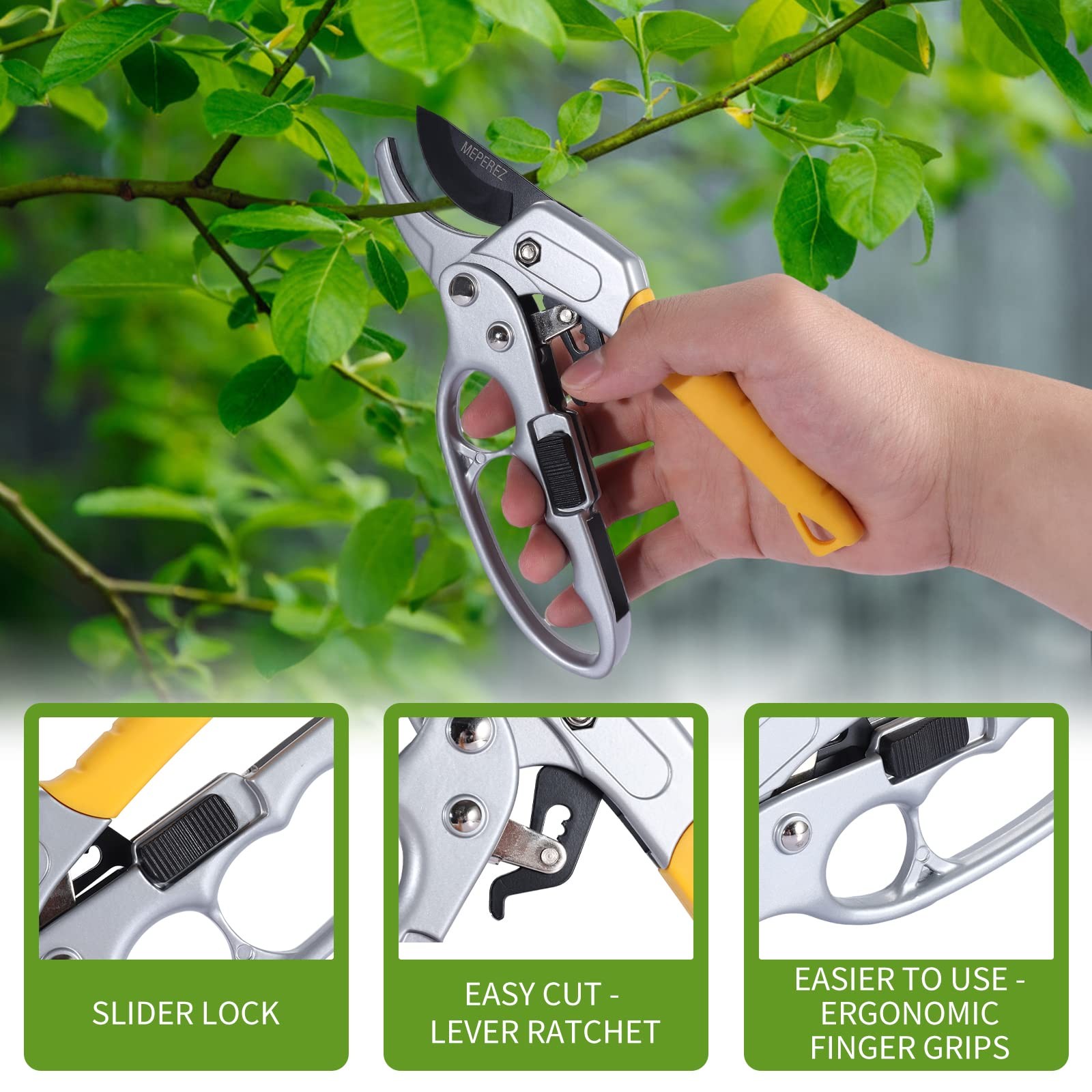 MEPEREZ Yellow Steel Pruning Shears Garden Clippers for Arthritis Weak Hand