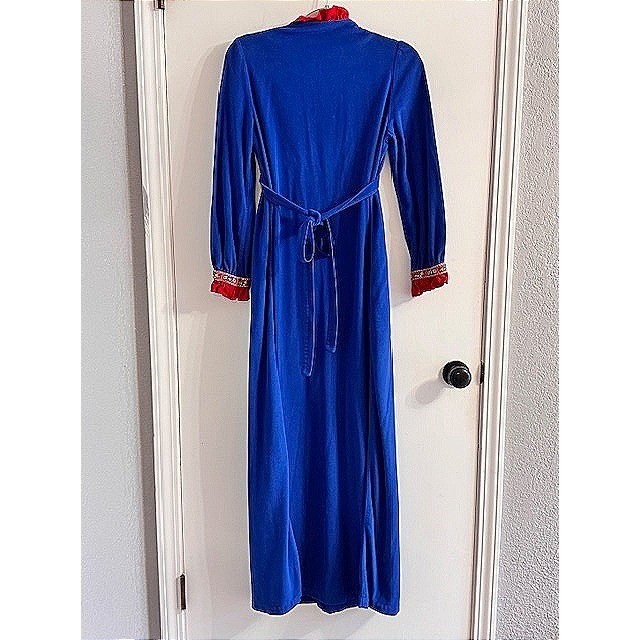 Vintage Lounge Craft Royal Blue Maxi Robe Red Ruffle Trim Long Sleeve Dress 70s
