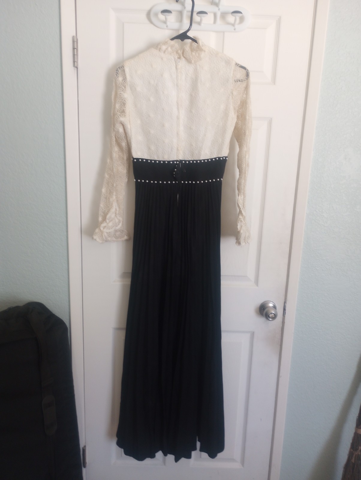 vintage black and white gown, ruffles and floral lace, empire waist no tags