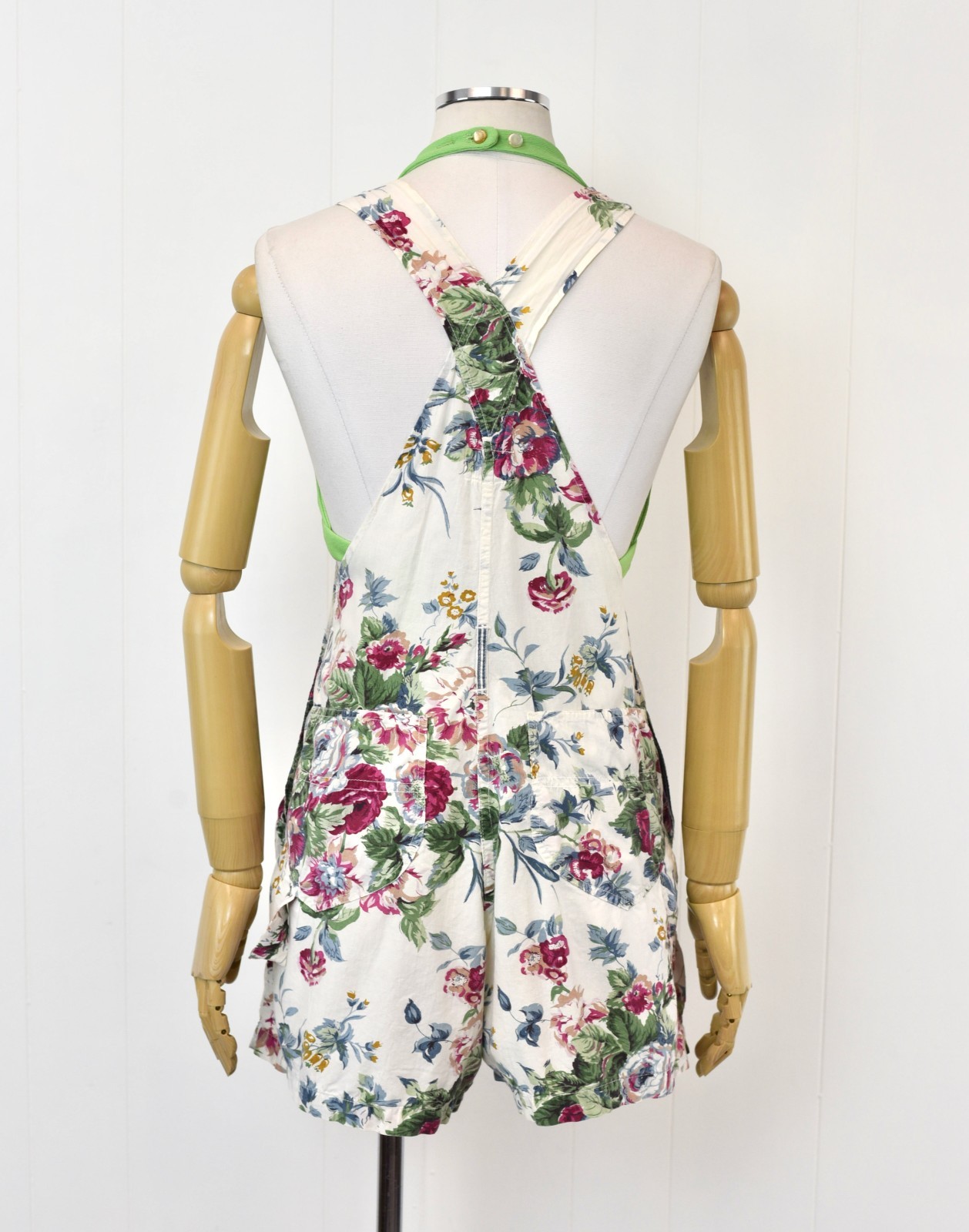 Vintage 1990s Rose Floral Print White Cotton At Last Romper Overalls Shorts