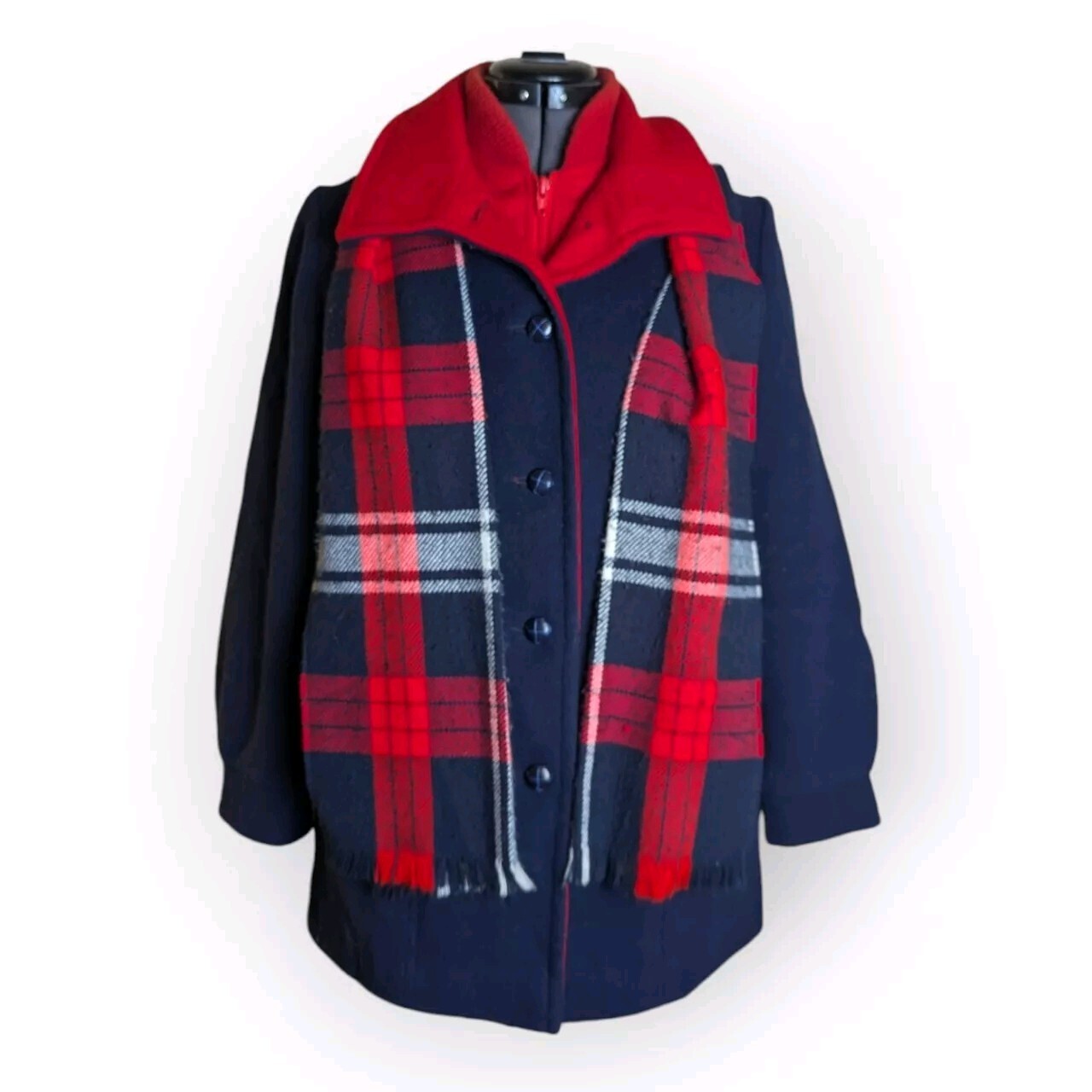 Vintage Wool Pea Coat Blue w/ Red Lining & Scarf Sz M Made In USA Preppy