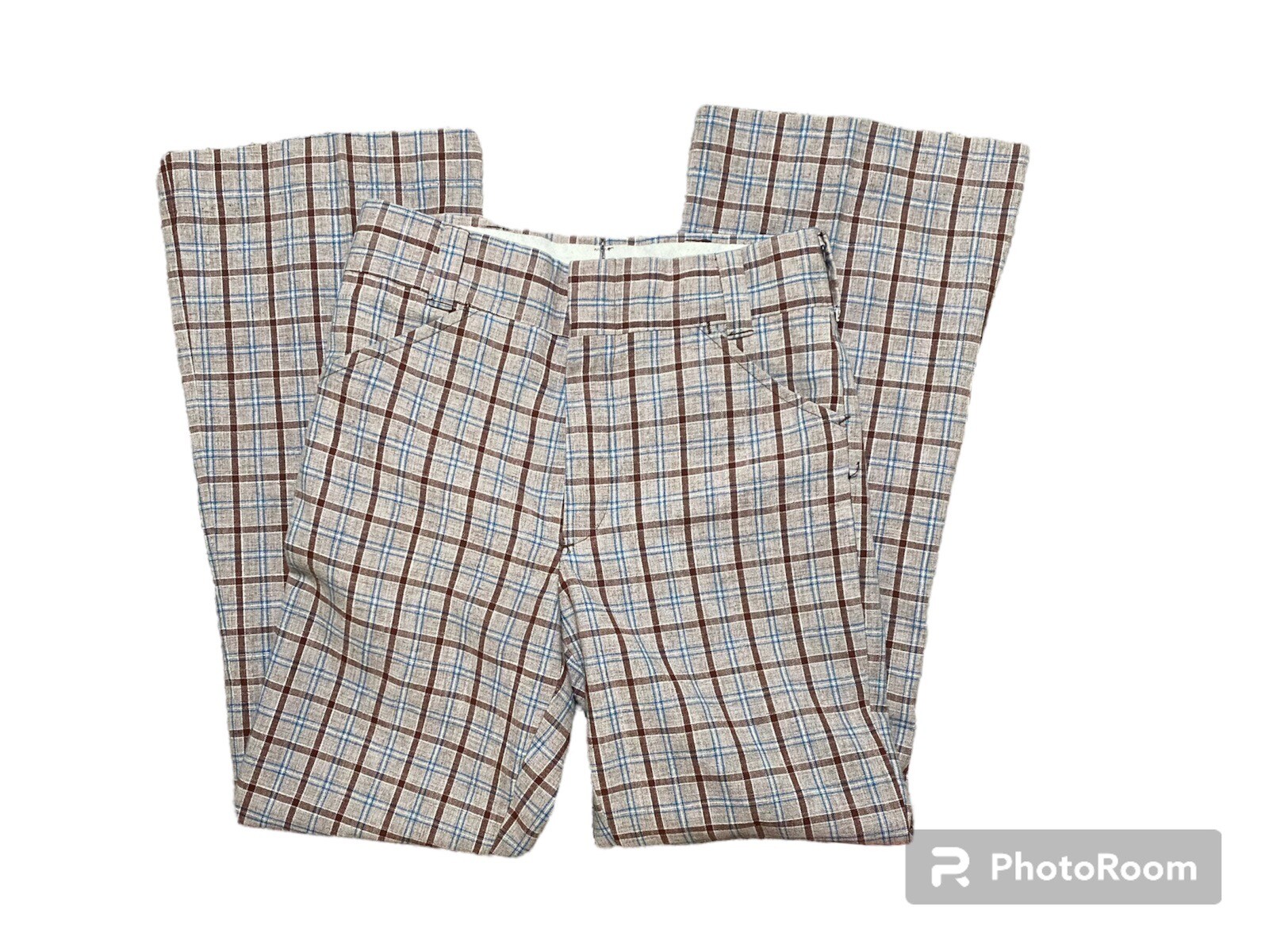 Vintage 70s brown And Blue Plaid Pants With Fastener And Zipper.