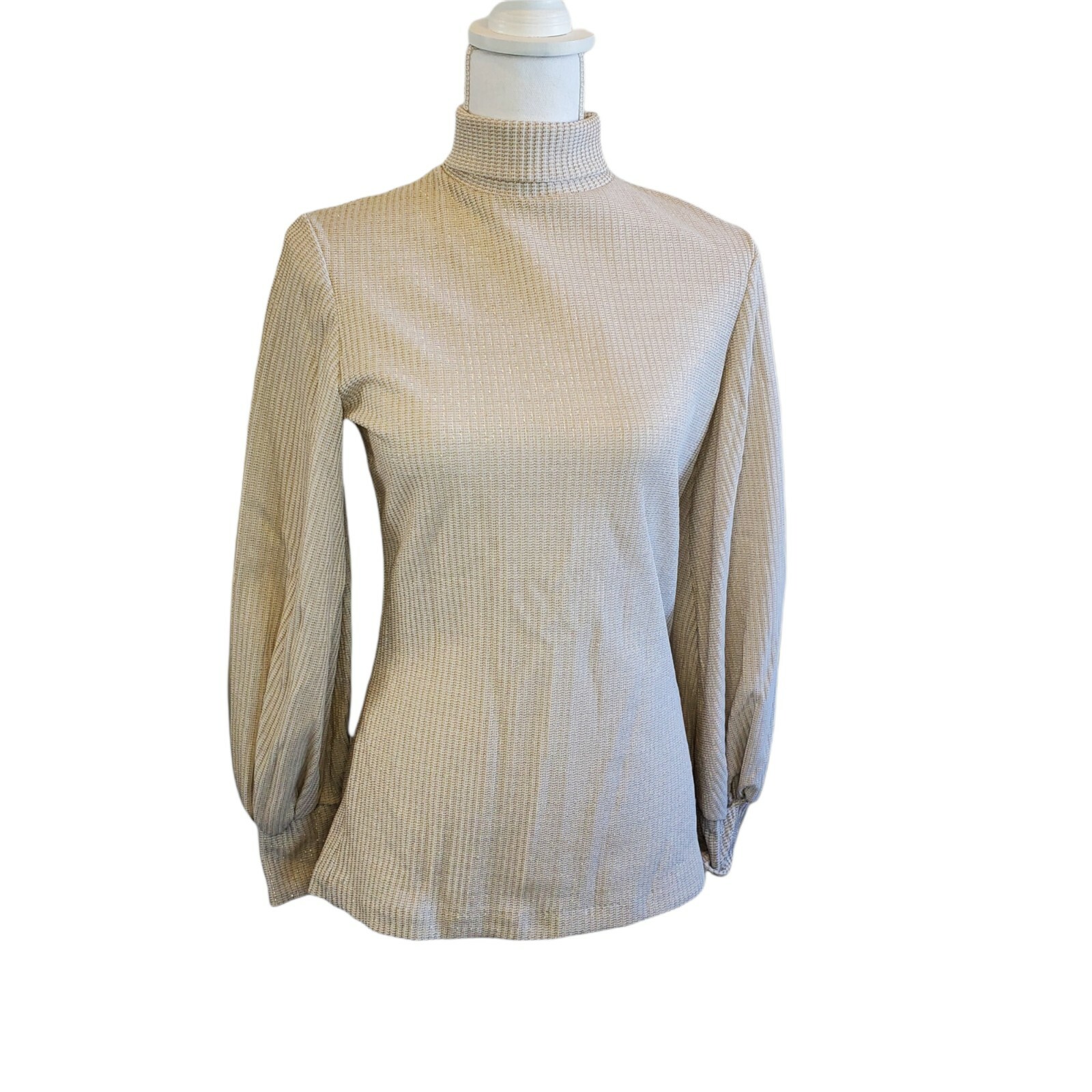 Neutral Beige Gold Metallic Sparklw Ribbed Turtleneck Vintage 80s Chic S/M
