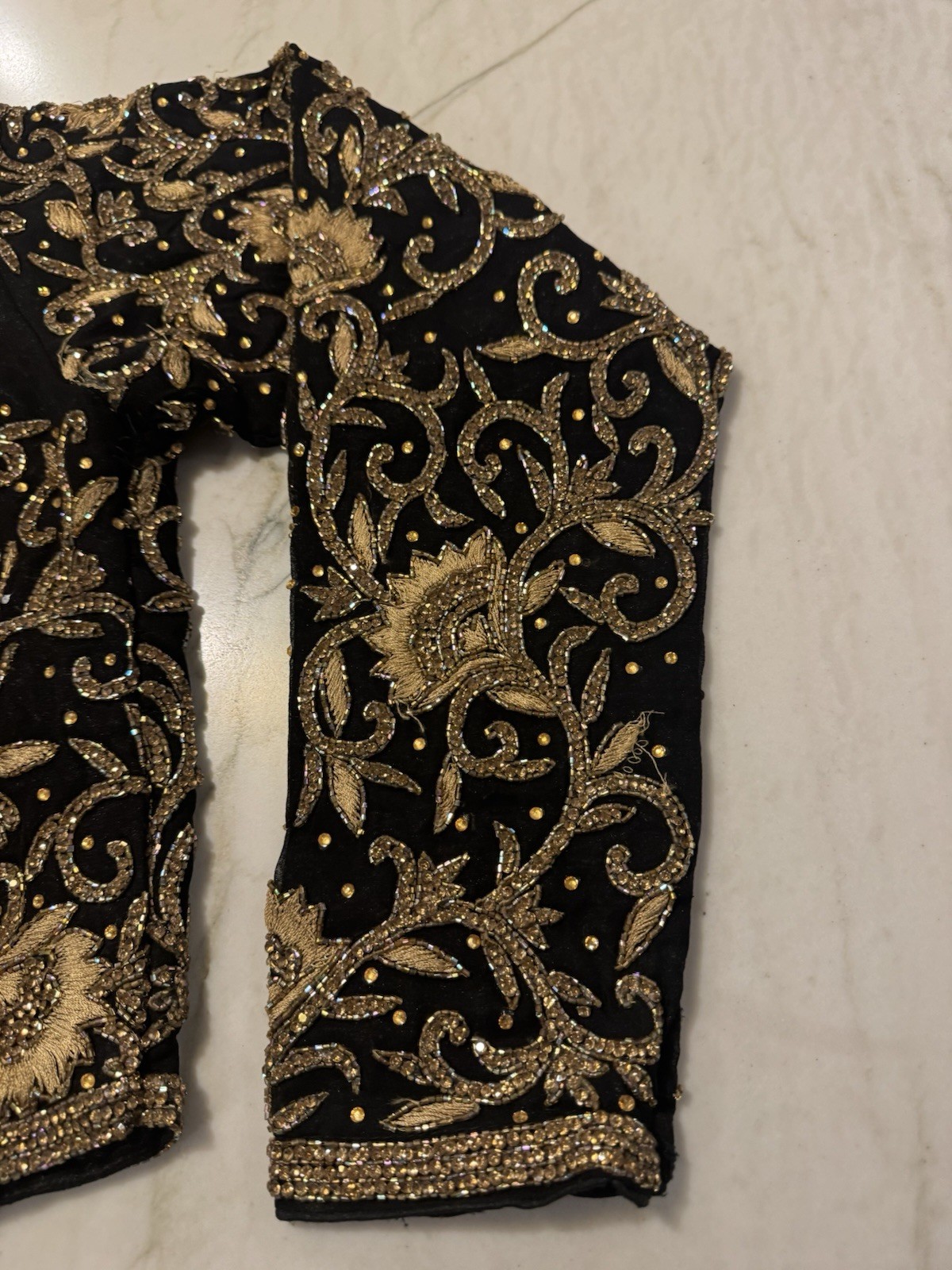 Vintage Indian Sari Blouse Choli Black Gold Beaded Embroidered Top Sz S M