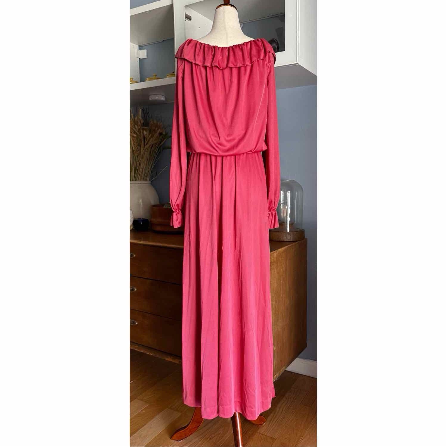 Vintage 70s Shawn Originals Ruffle Trim Cinch Waist Maxi Dress sz M Pink Retro