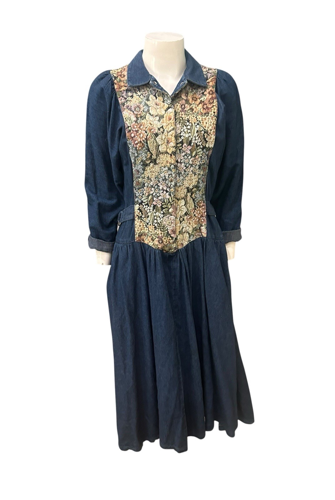 Vintage 80s Denim Prairie Dress Tapestry Floral Corset Midi Puffed Sleeve S 7 ^