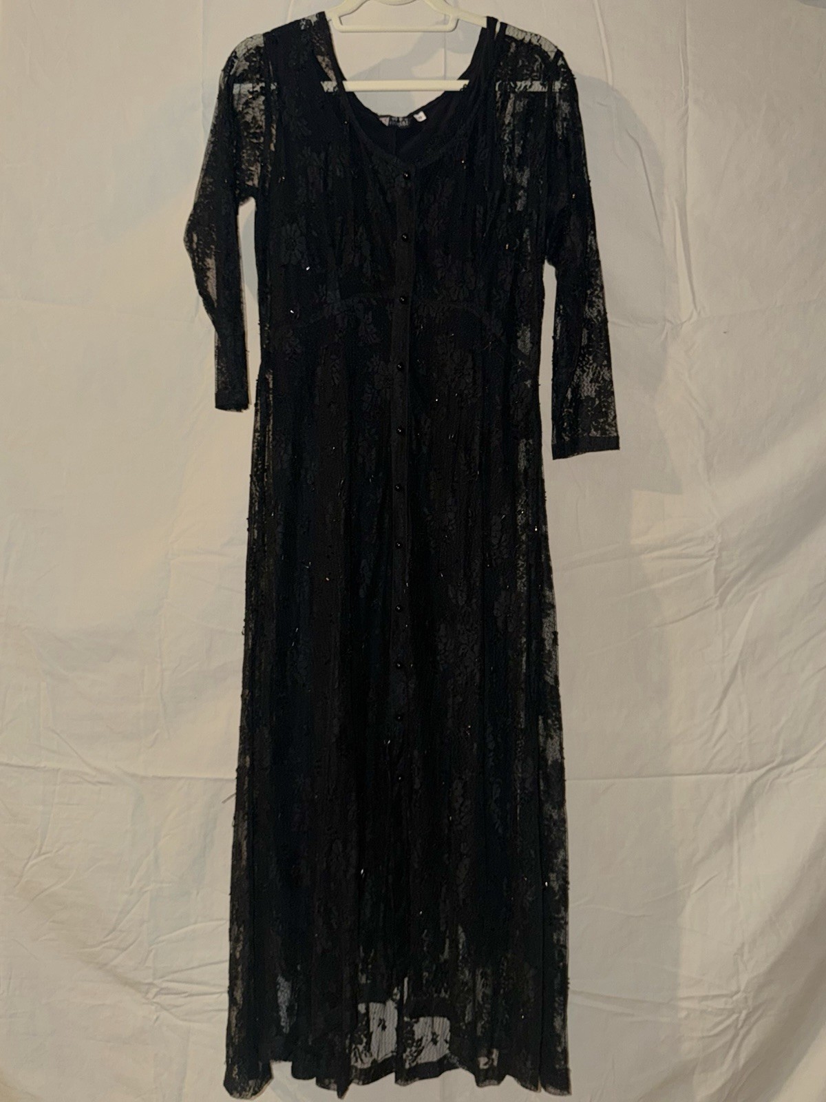 Vintage Auditorium 90s Black Lace Button-Front Overlay Dress With Slip
