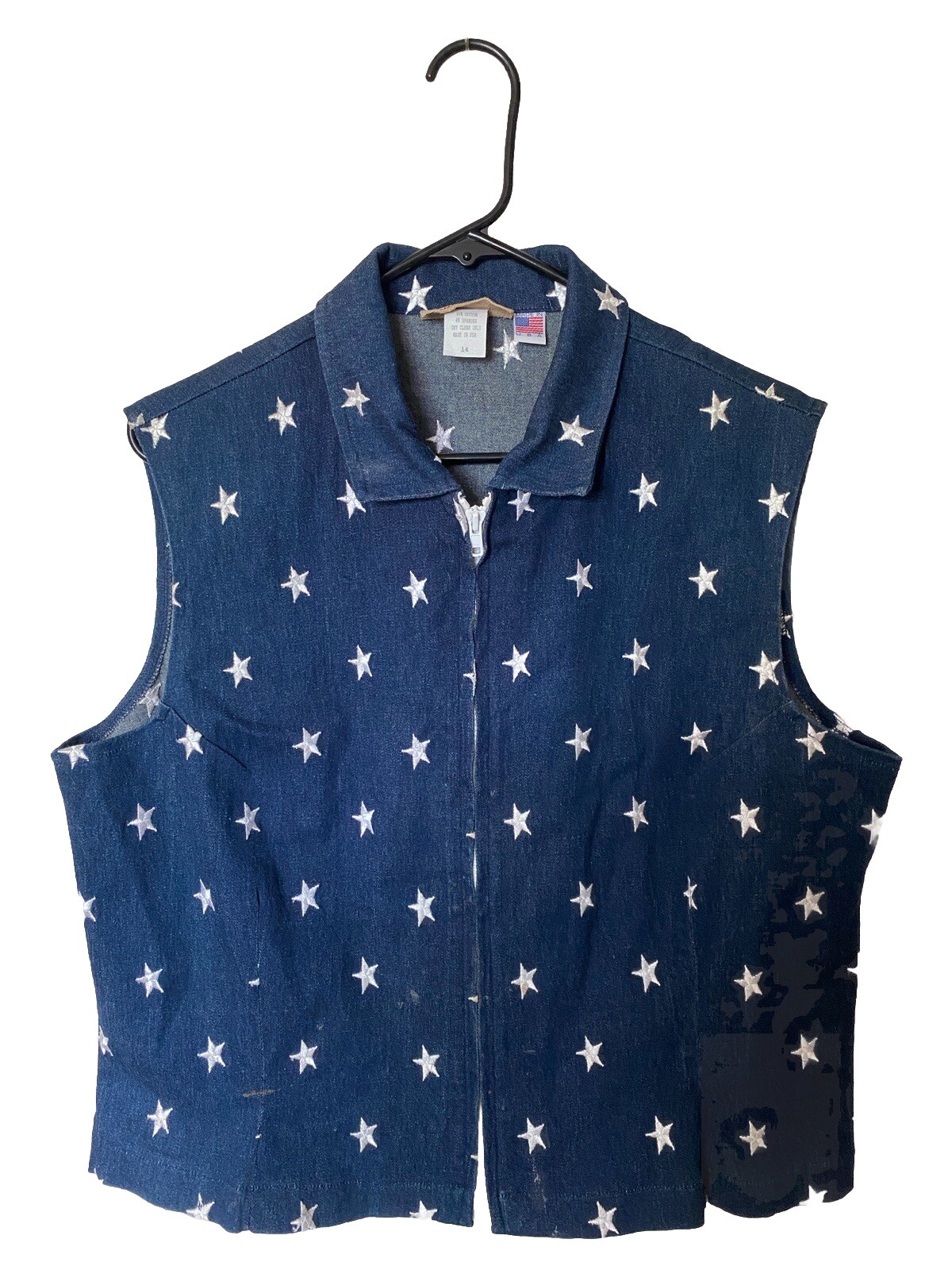 Vintage Painted Pony Zip Vest Denim USA Flag Stars Patriotic America Blue 14 S/M