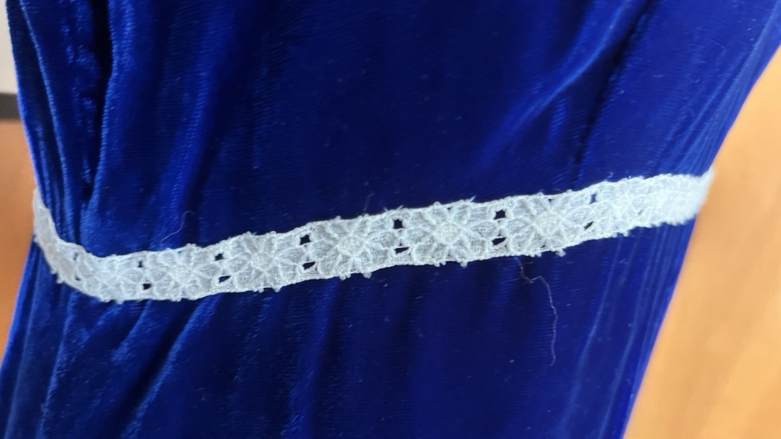 VTG Blue Velvet Dress Sz XS white crochet detail midi maxi sapphire
