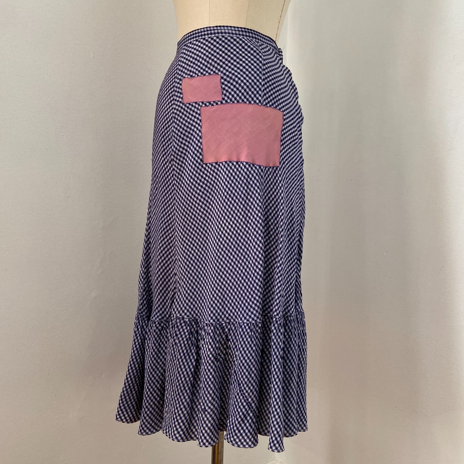 Vintage 1940s Blue Gingham Rayon Skirt Patched Bias 26 27 in Waist Small