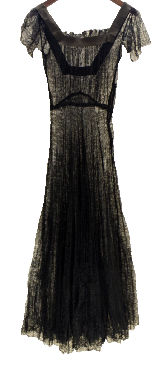 T3 ANTIQUE 1920’S SHEER BLACK French Lace Long DRESS Hand Sewn Grosgrain Ribbon