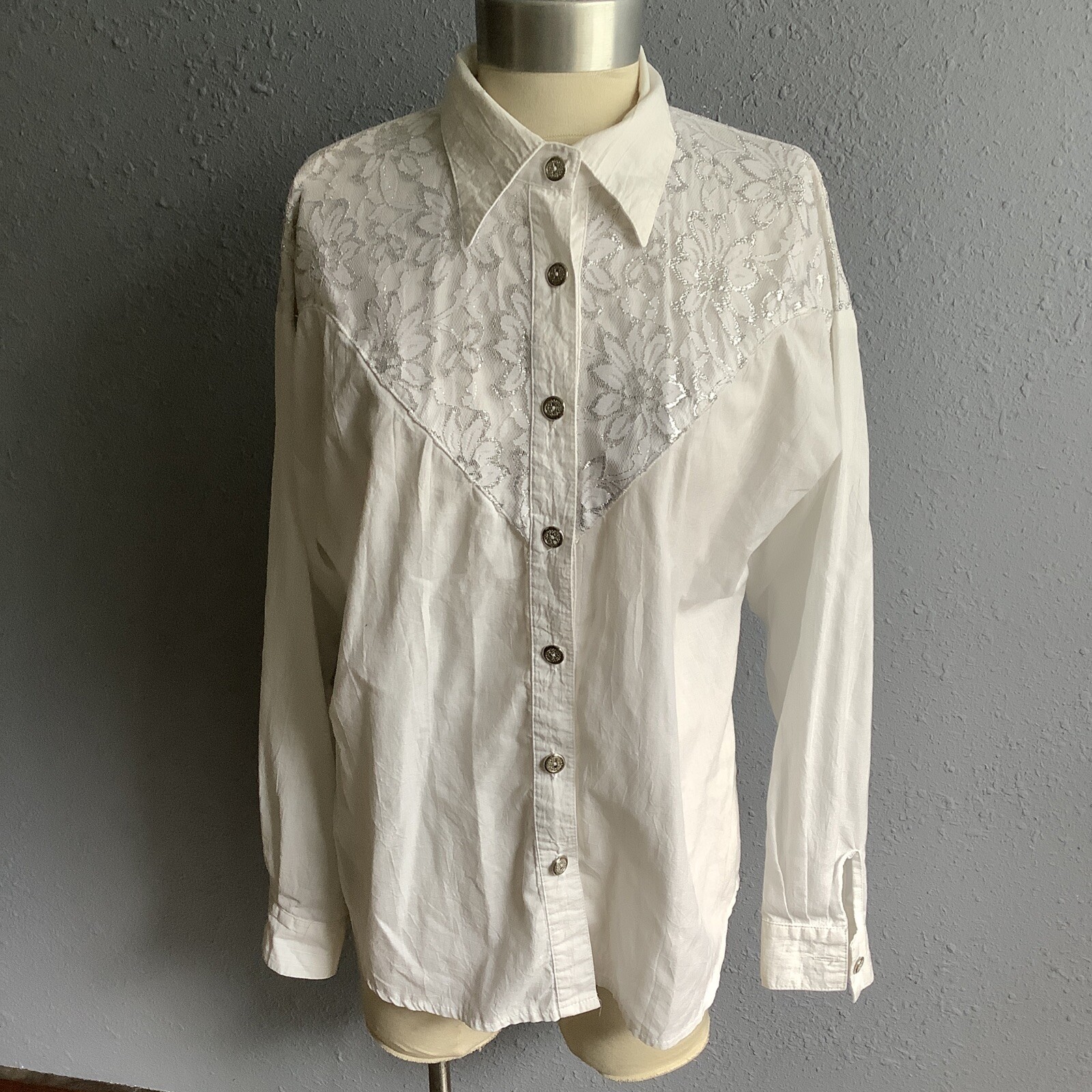 Vintage 80s Lilia Smitty White Long Sleeve Western Lace Metallic Bib Shirt MED