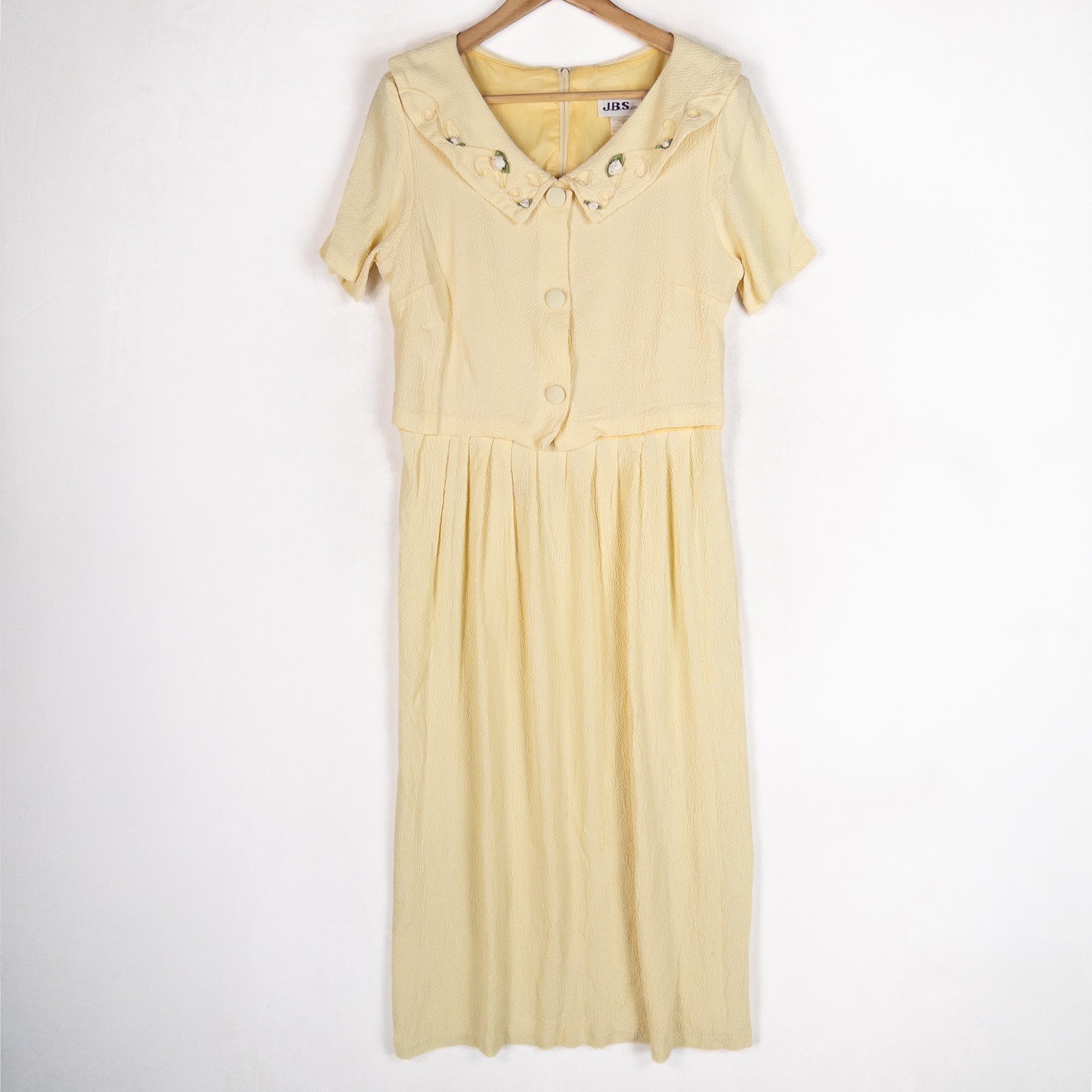 Vtg J.B.S. Ltd Dress 14 Butter Yellow Floral Embroidered Midi USA Modest Church