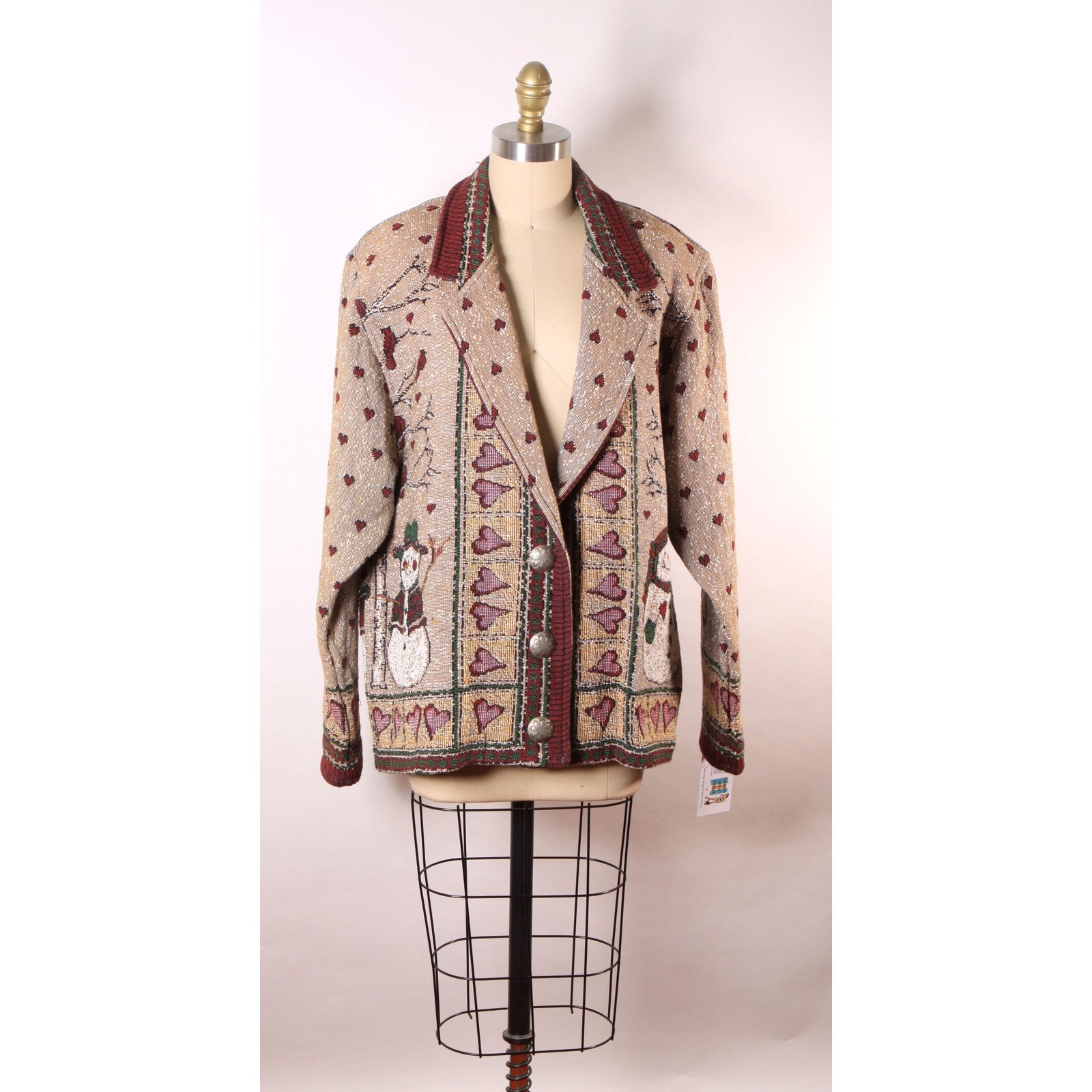 1980s 1990s Tan, Red and Green Novelty Tapestry Snowman Jacket by Painted Pony