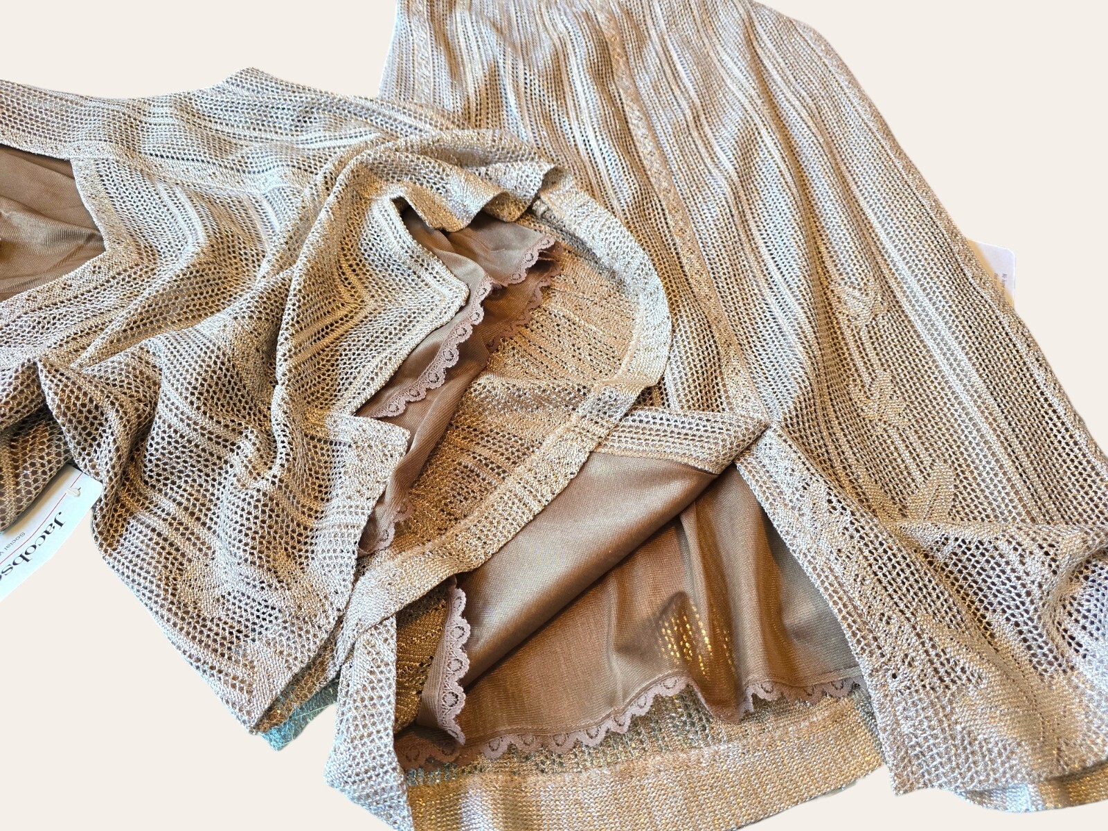 New Vintage Damianou Golden Knit 3 PC Set Skirt Jacket Top S Deco Look