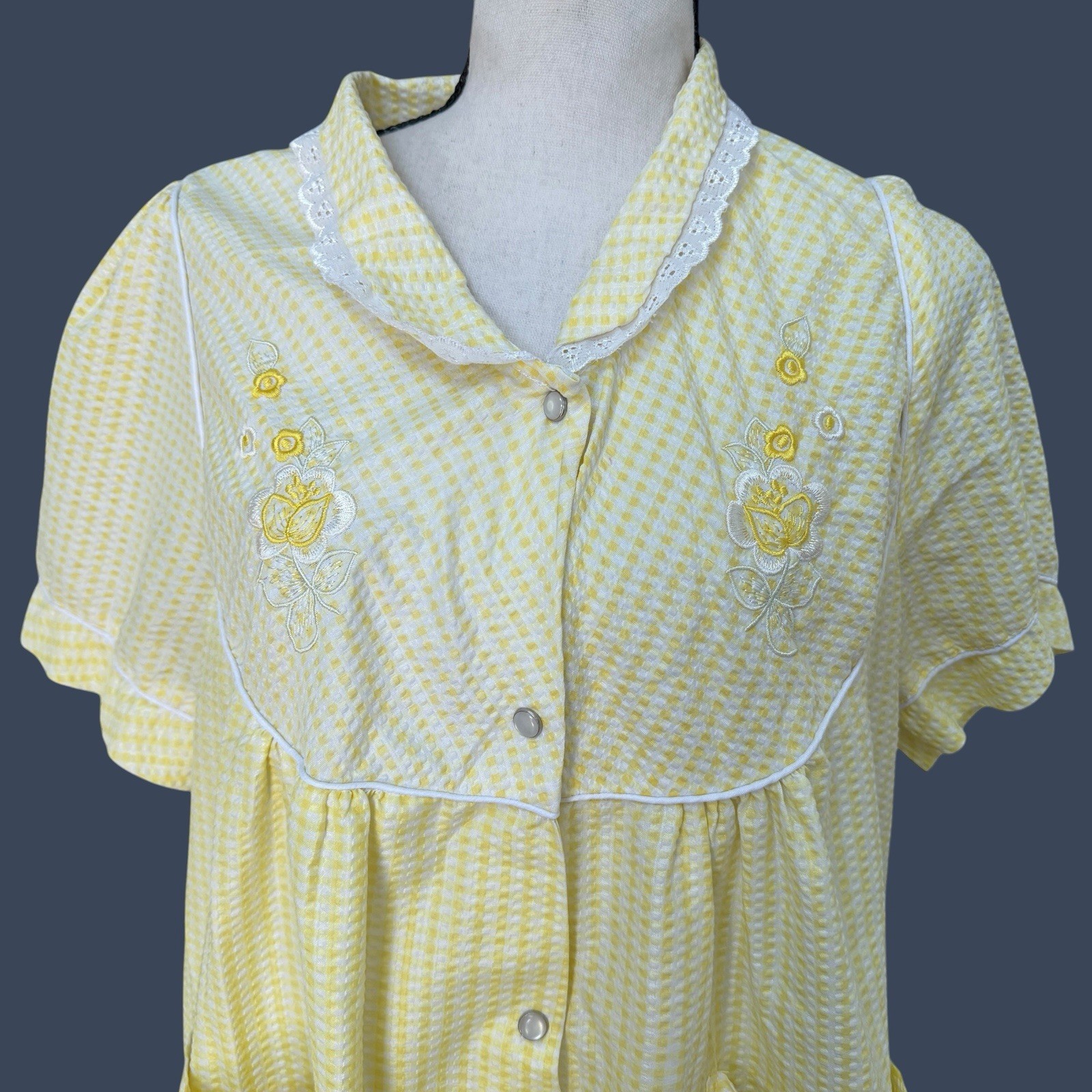 Vintage 90s XL Butter Yellow Gingham House Dress Floral Embroidered Cottagecore