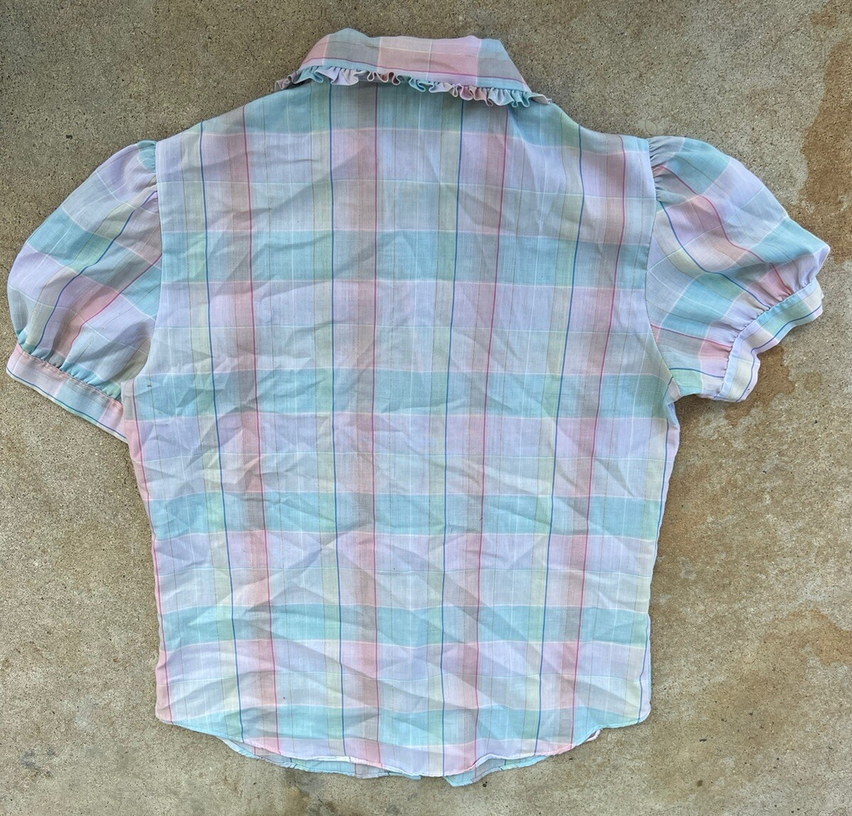 Vntg 1950s Pastel Multi Color Plaid Blouse With Ruffle Collar Classic Size XS/S