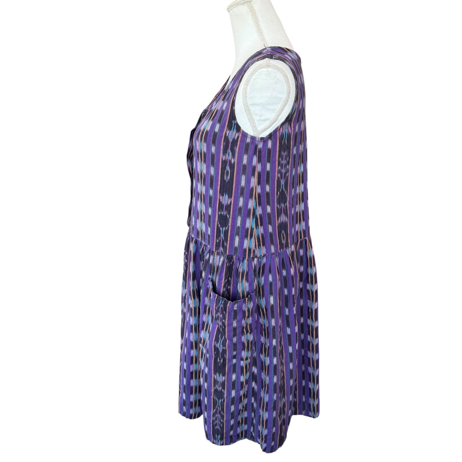 Love Tent Imports Vintage Purple Ikat Woven Cotton Dress Sleeveless Boho Small