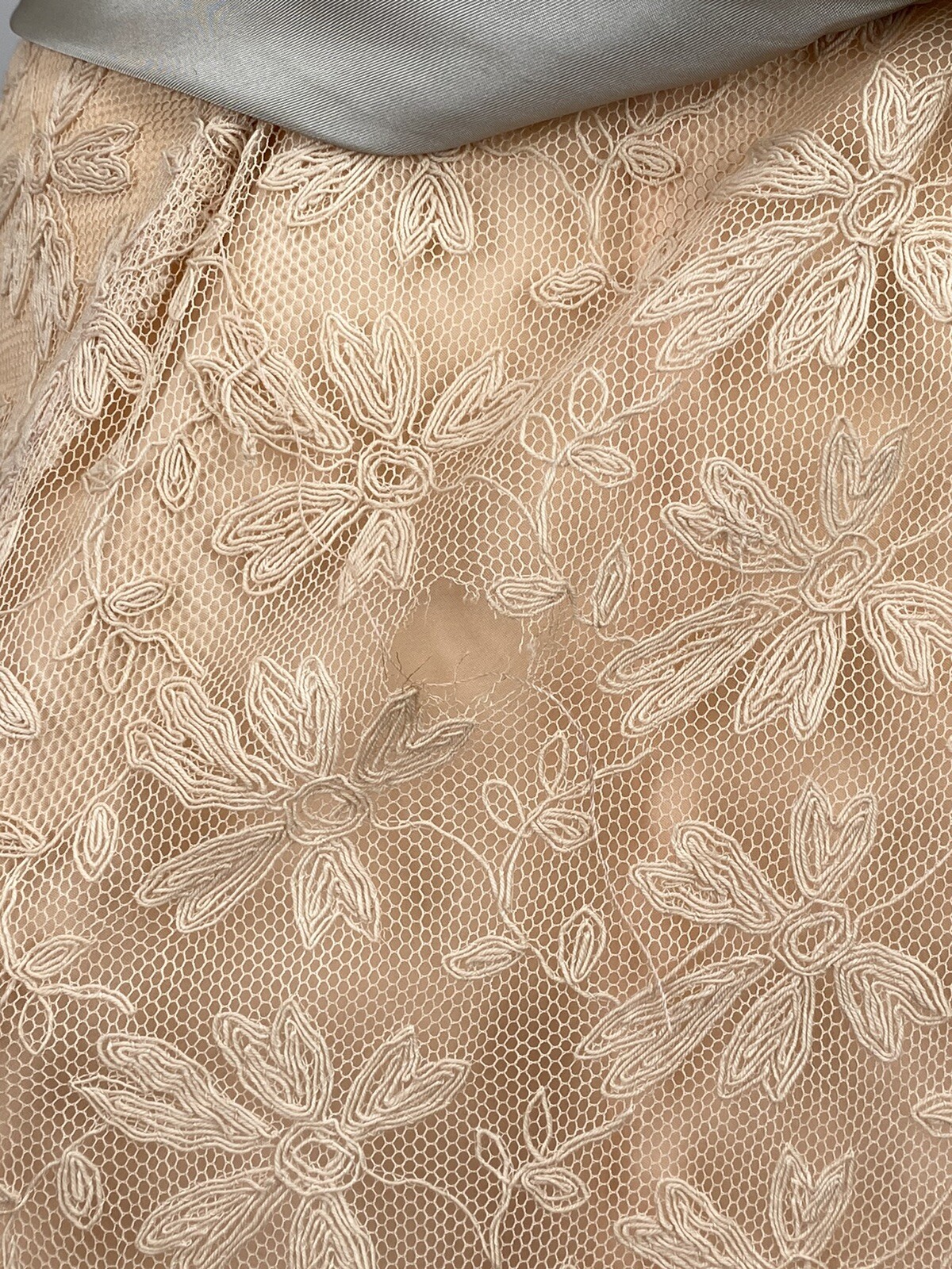 Antique 1930s Pale Blush Pink Net Lace Sheer Robe With Blue Ribbon Tie AS IS