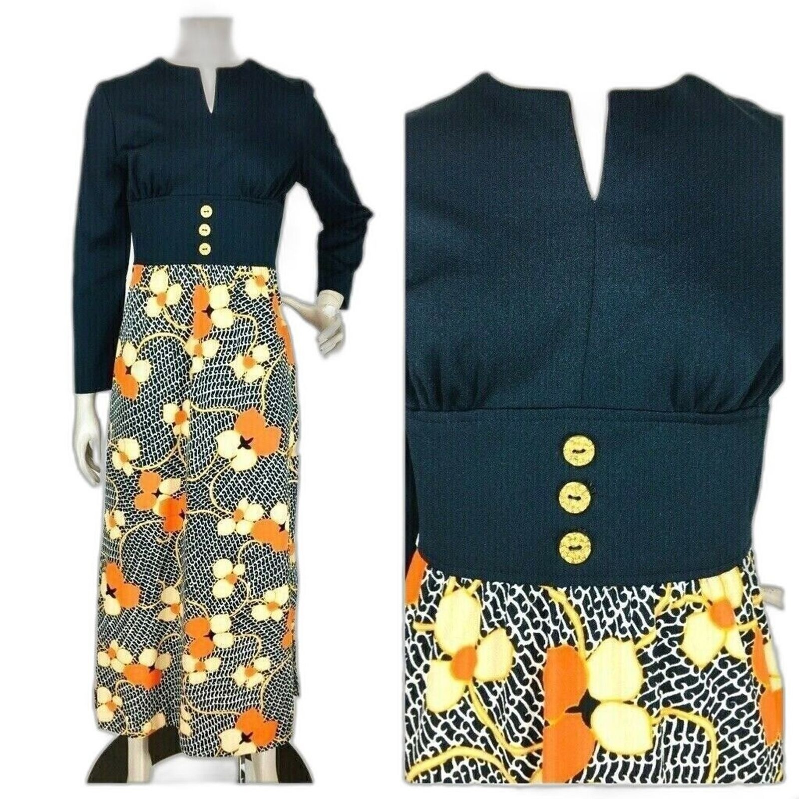 Vintage 70s MOD Floral Cinched Empire Waist Double-Knit Textured Maxi Dress NEW