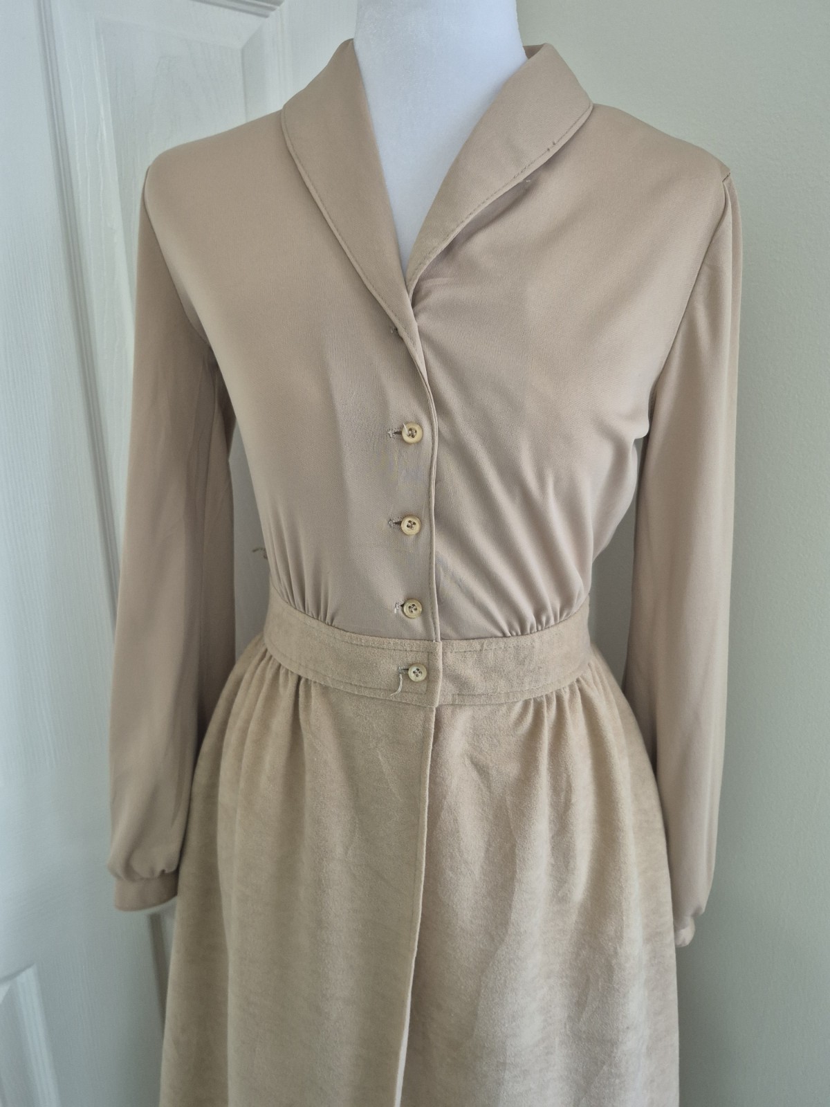Vintage 70s Route One Tan Shirt Dress Long Sleeve Midi Skirt Womens- Small