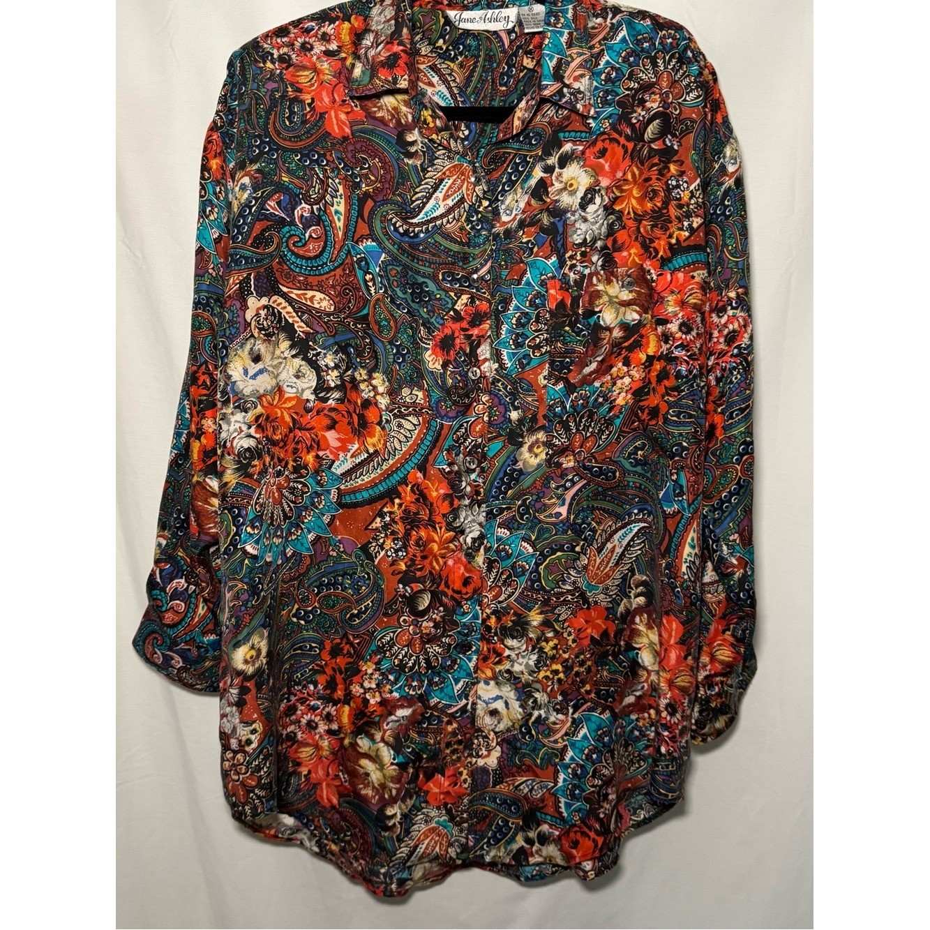 VTG Jane Ashley 100% Silk Paisley Floral Button Down Blouse Tunic M