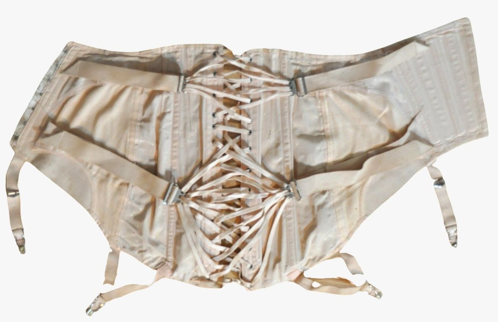 Vtg 20’s Camp Peach Pink High Line Double Fan Lace Up Corset Girdle