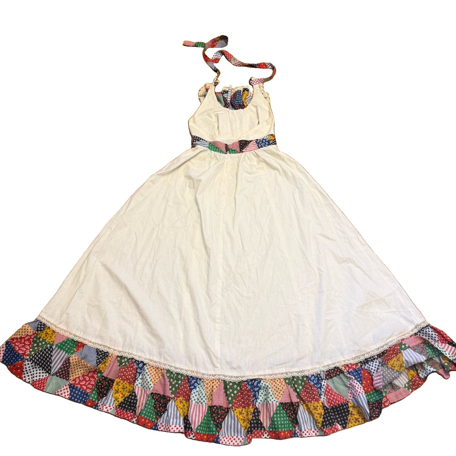 Vintage 70s Patchwork Prairie Halter Dress Size 9 XS Cottagecore Maxi Ruffle