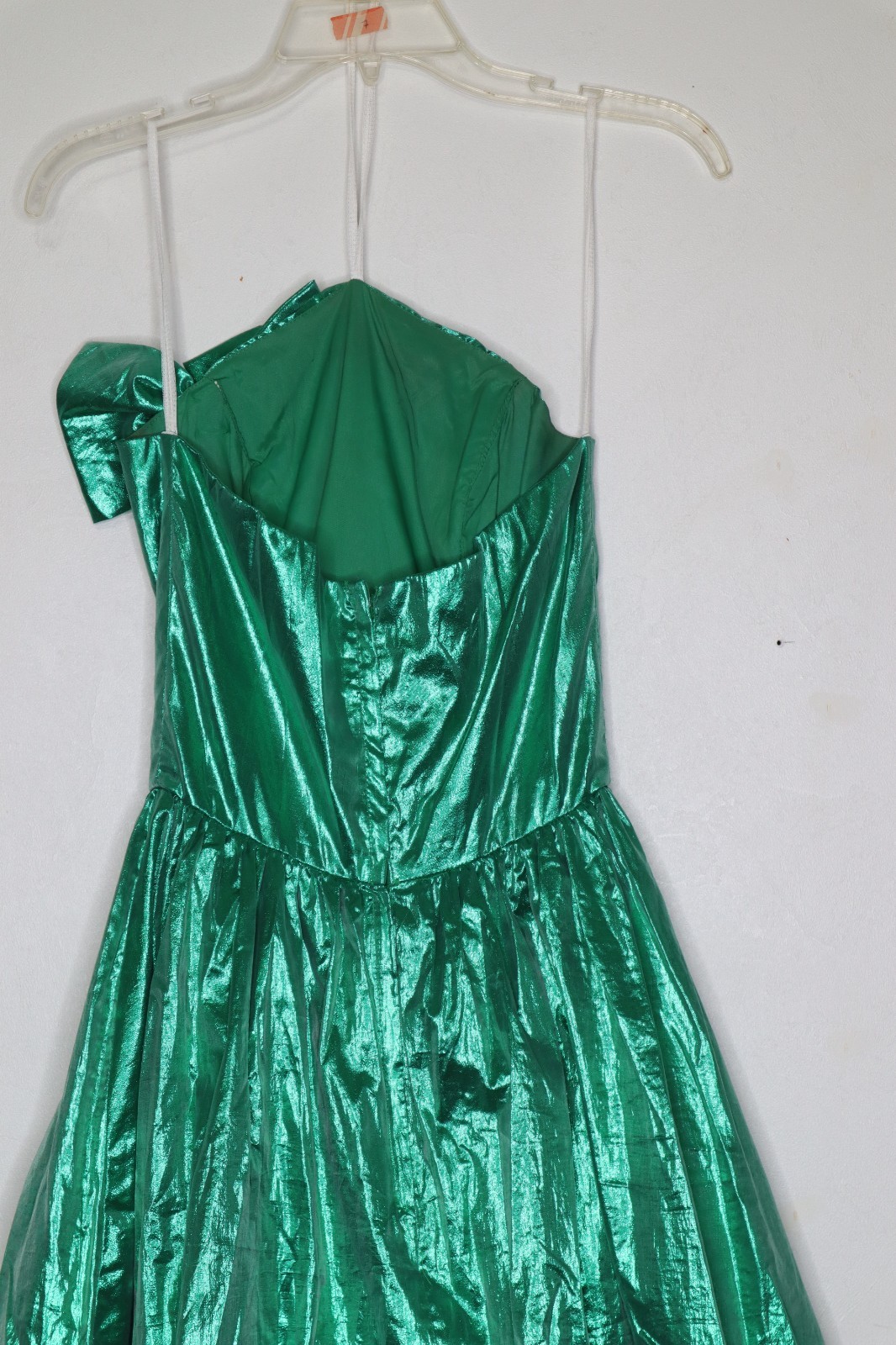 Vintage 80s 90s Green Metallic Prom Party Dress Pageant Bow Strapless Small