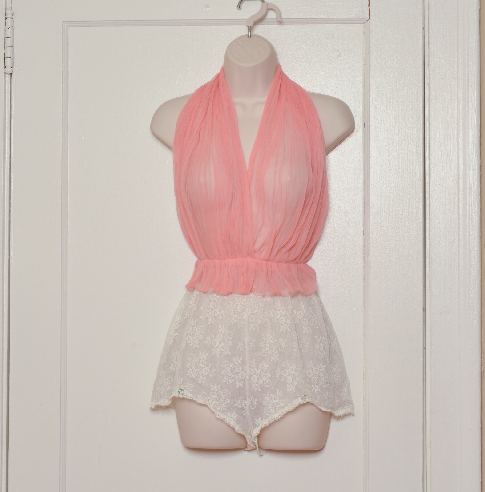 Vintage Peignoir. 60’s era. Peach Halter and White Lace Panty.