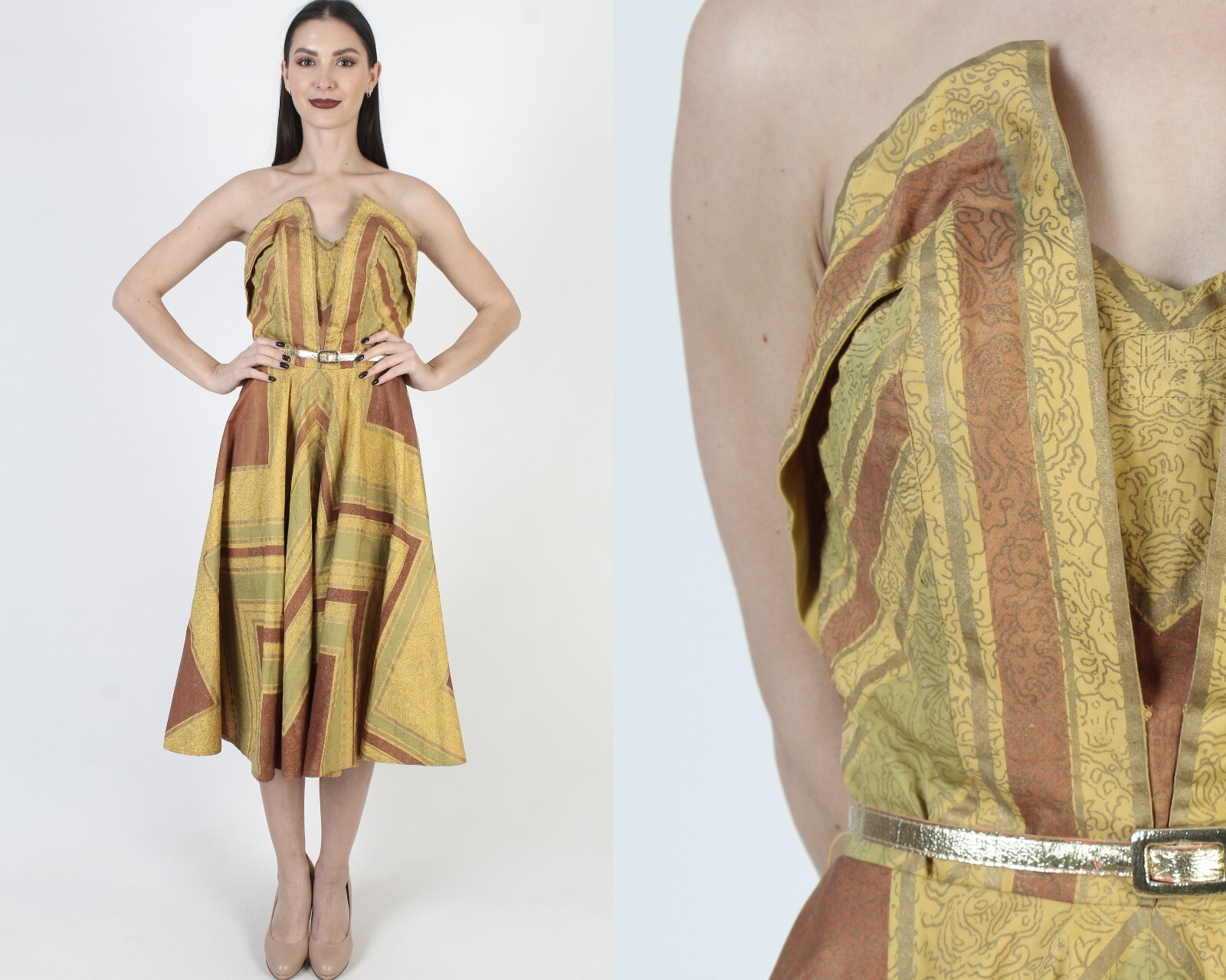 Vtg 50s Tiana Pittelle Circle Skirt Dress Halter Tiki Hawaiian Rockabilly Pin Up