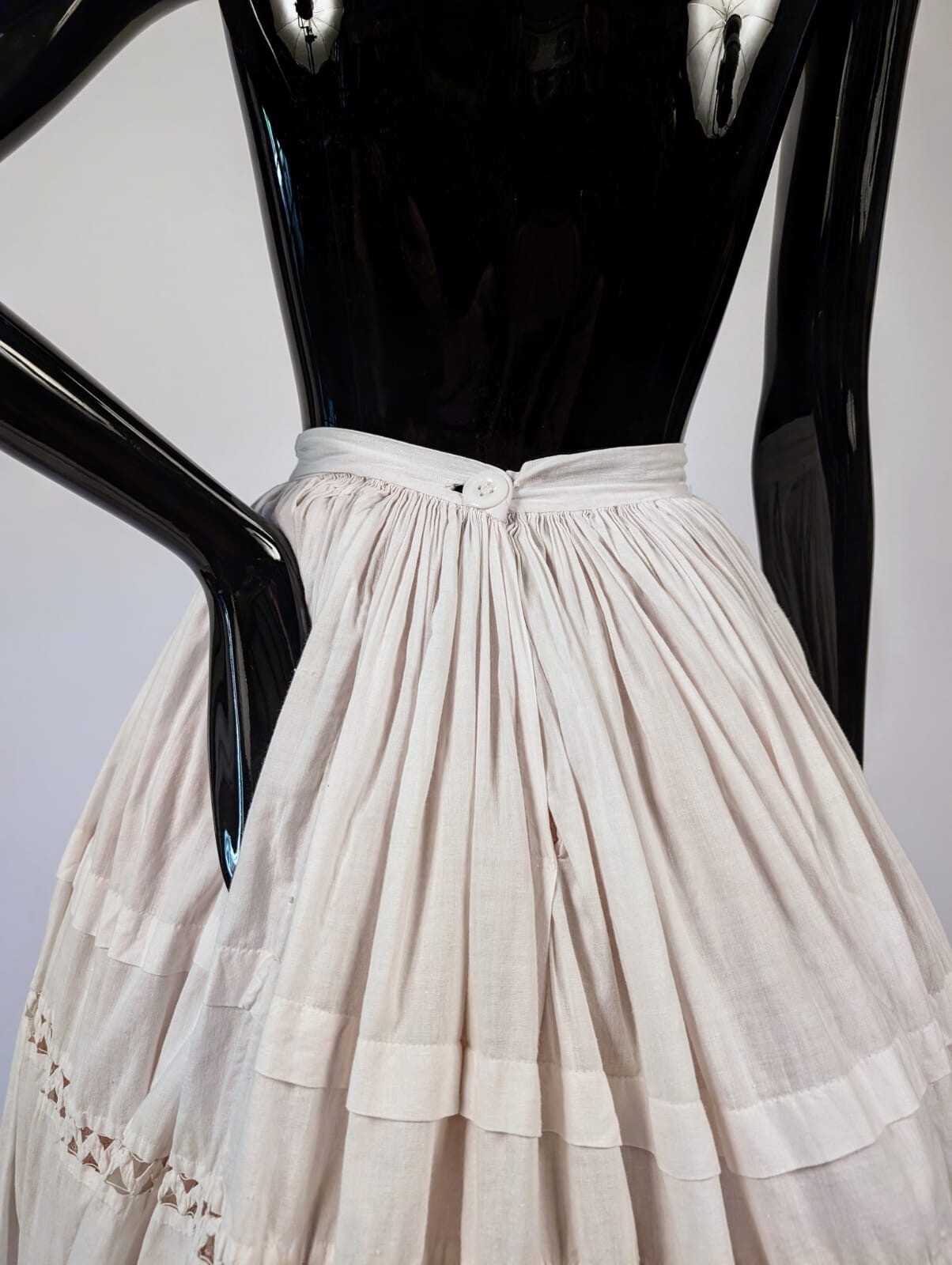 HAND SEWN MID 19TH C WHITE  PETTICOAT SKIRT W SAWTOOTH INSERTION & HEART LACE 