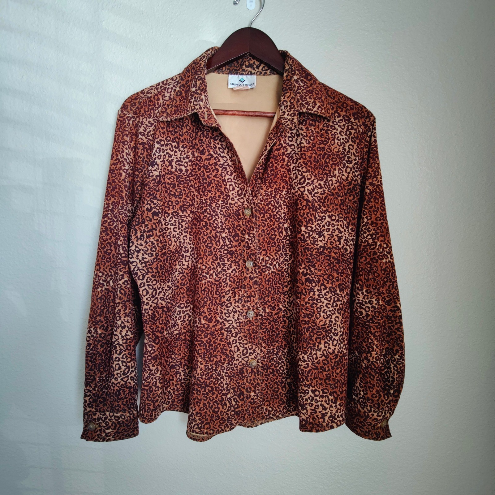 Erin London Vtg 80s 90s Cheetah Print Button Down Blouse Oversized Animal Top
