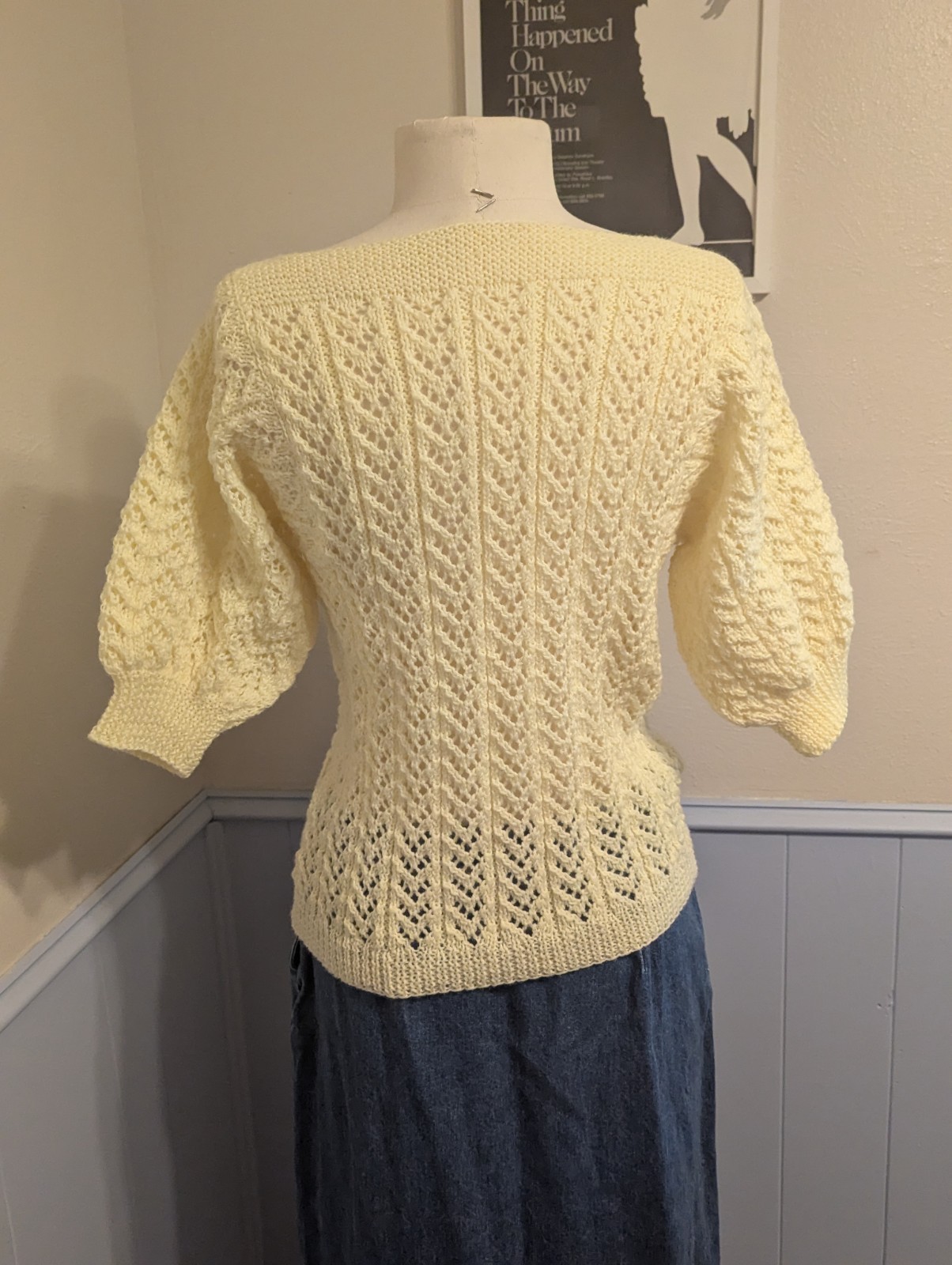 Medium OOAK Vintage Hand-Knit Butter Yellow Lace Knit Top