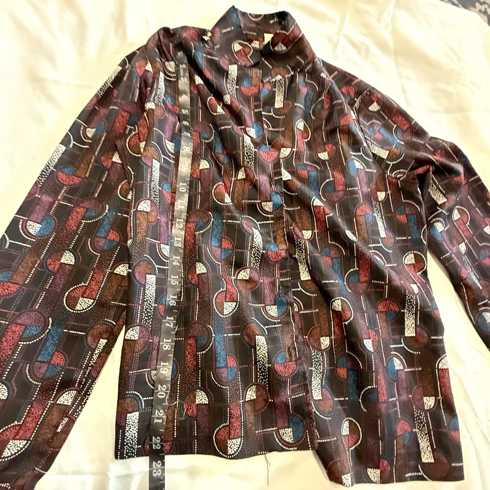 70s Geometric Print Long Sleeve Blouse Burgundy Vintage Top Size Med Retro A2