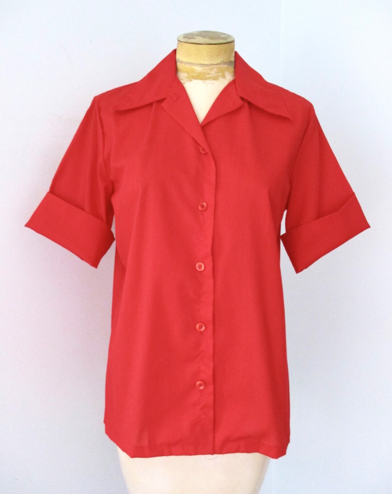 Vtg 60s Tomato Red Polycotton Button Blouse Top Dagger Collar Turned Cuffs 36