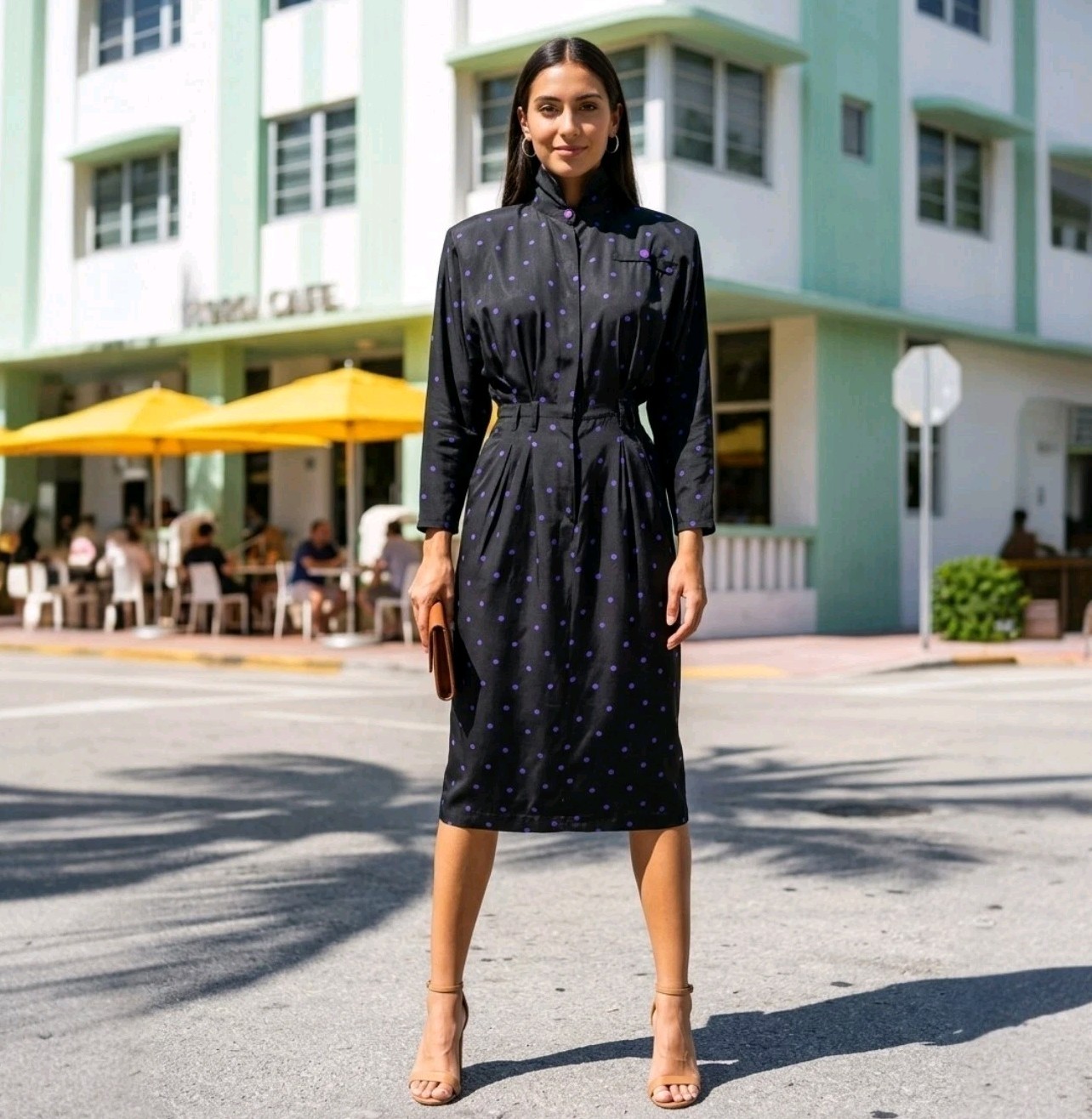 Vintage 80s Black Polka Dot Shirtdress Purple Midi Office Corpcore Size 9