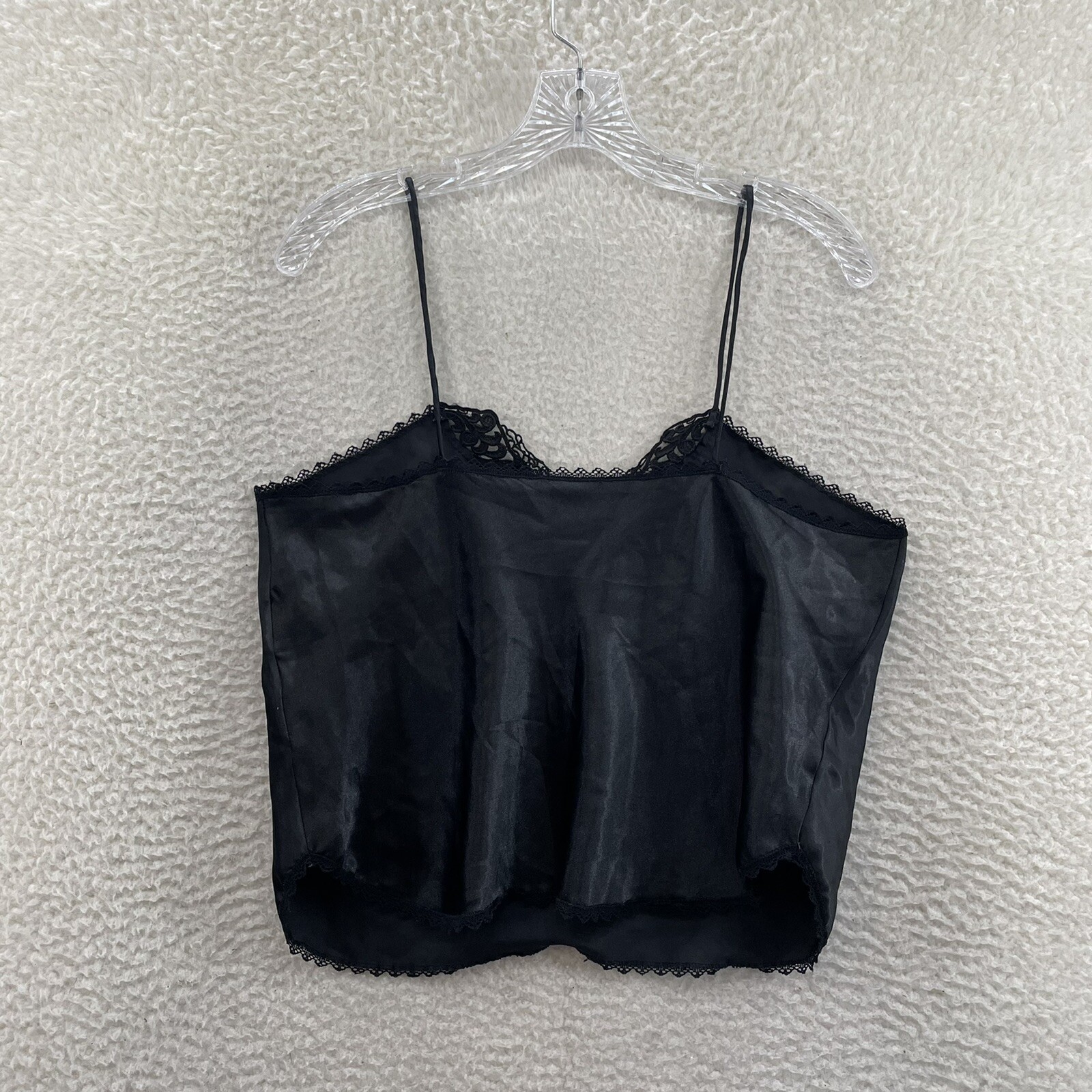 90s Vintage Camisole Top Large Black Satin Embroidered Lingerie
