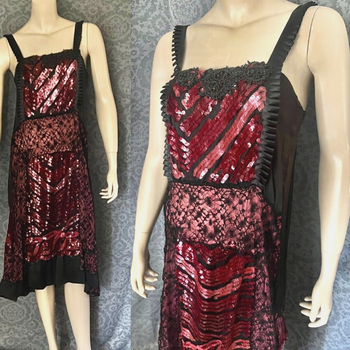 Altered Couture 1920s Chemise, 1900s Sequins & Needlework Lace, Fuchsia, Sm -M