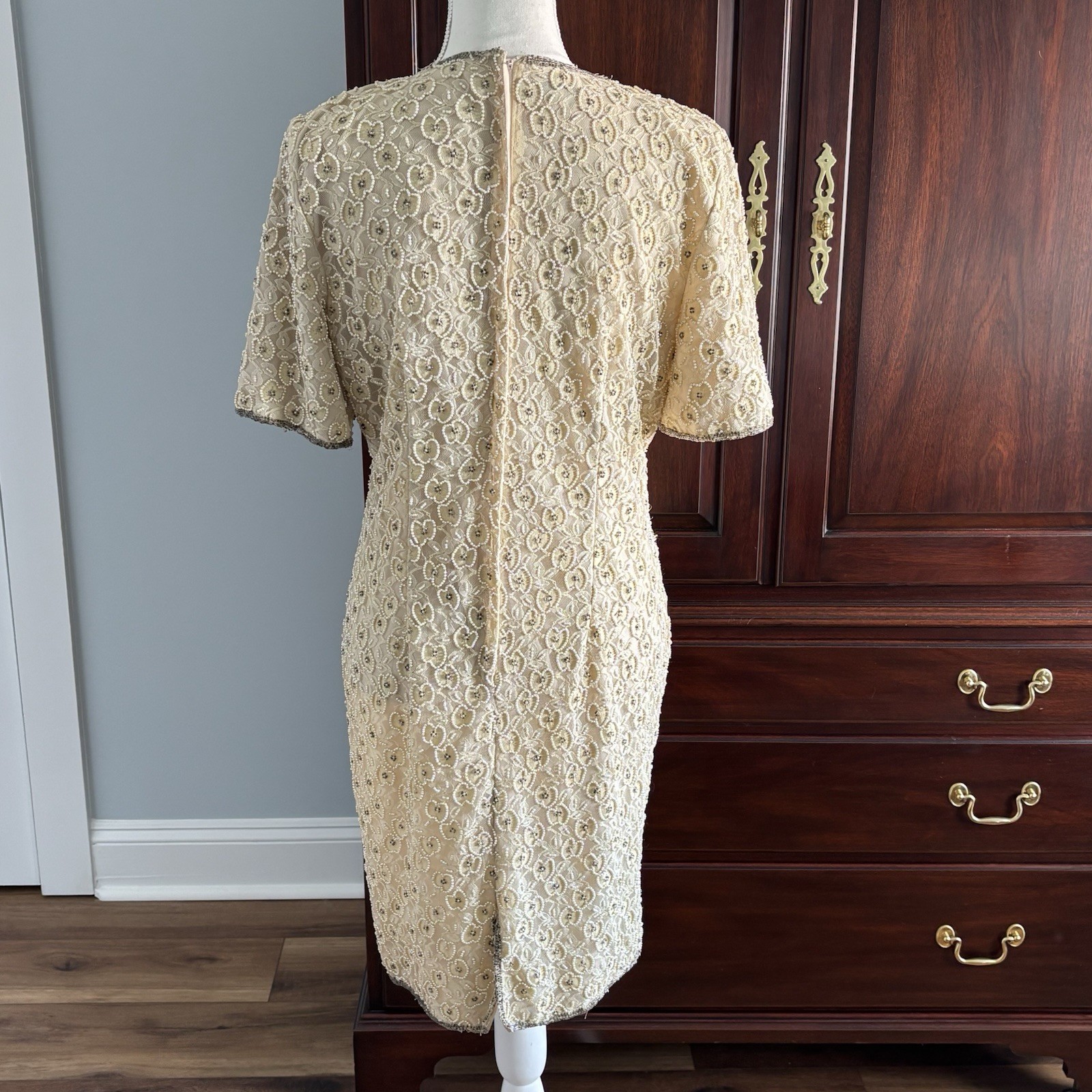 Vtg Women’s Stenay Cream Black Glass Beaded Lace Cocktail Formal Shift Dress 8