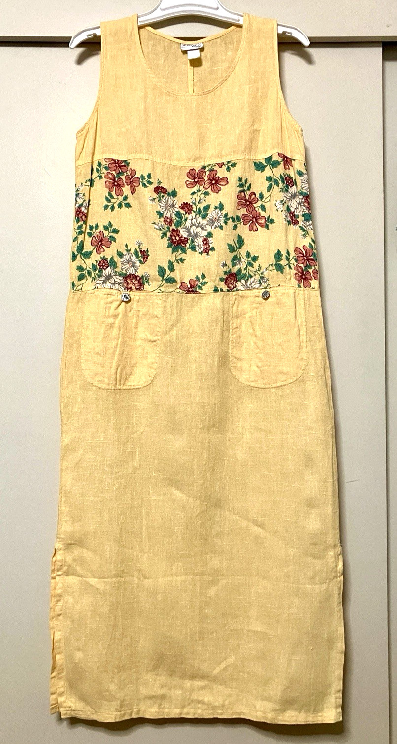 VTG Breezy Mode USA Linen Maxi Dress M Yellow Floral Panel Sleeveless Pull-on