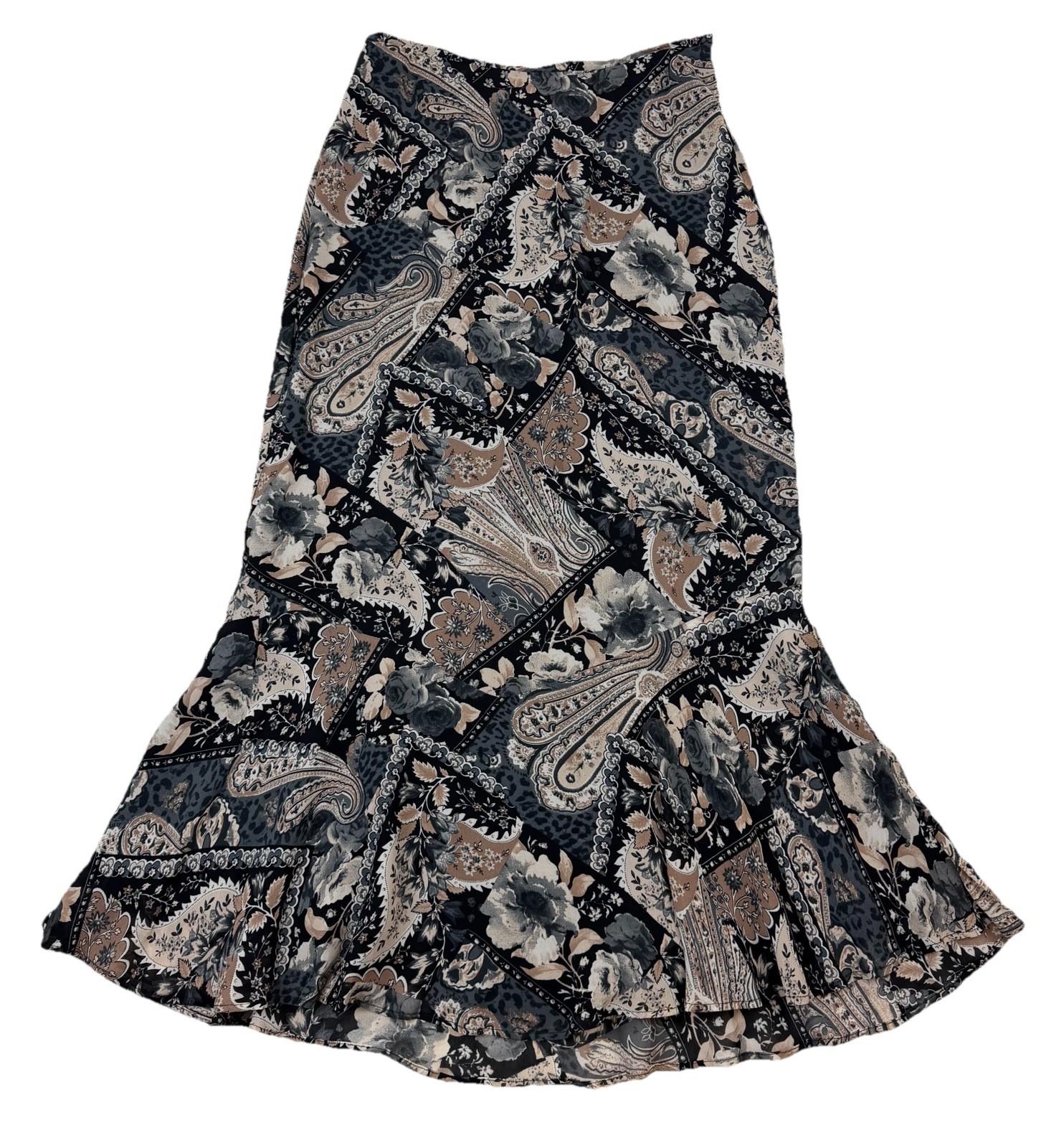 Vtg 90s Carol Anderson Black/Brown Paisley Midi Flare Skirt Romantic Rayon USA