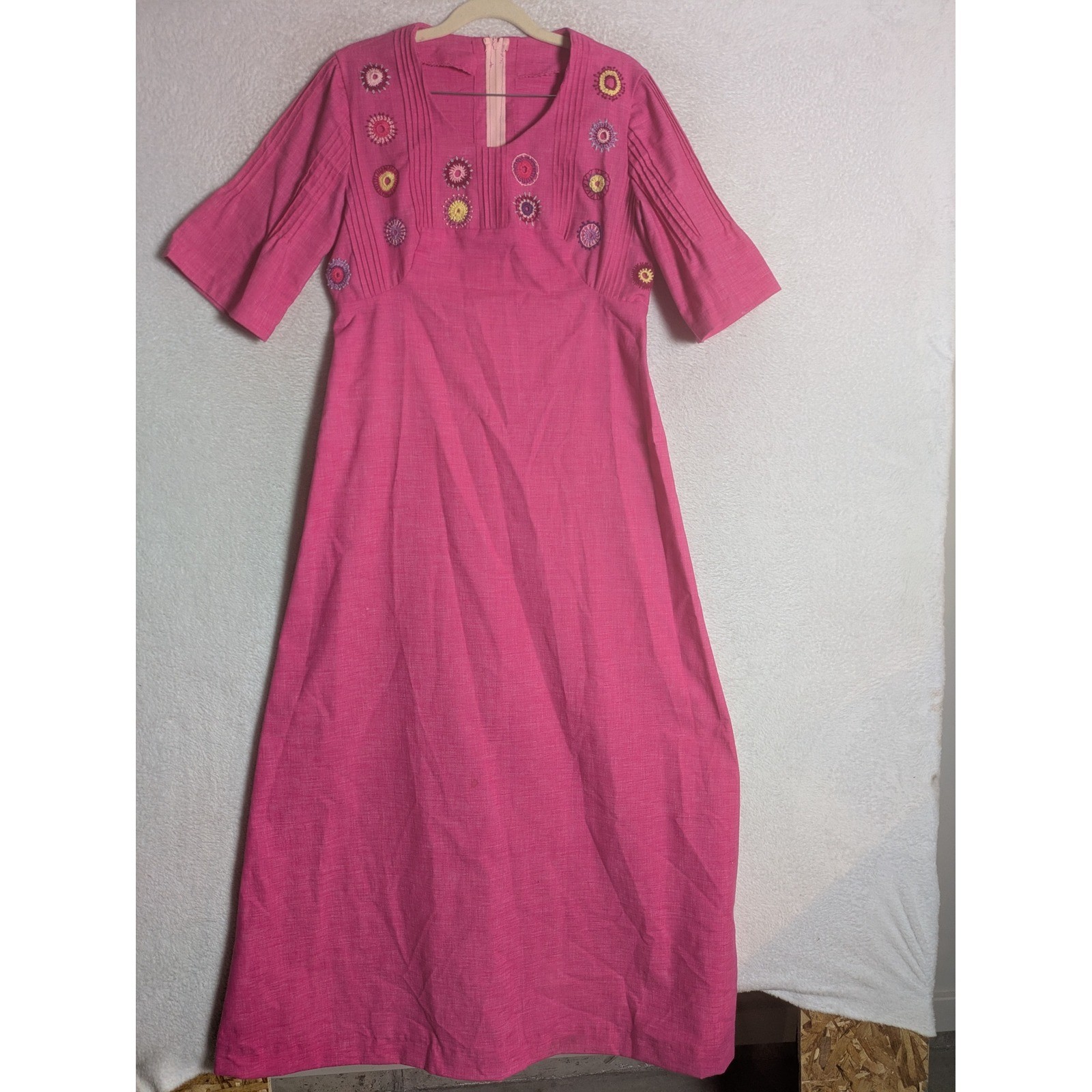 Handmade Maxi Dress Women’s M/L Pink Embroidered 70s Boho Pin Tuck Square Neck